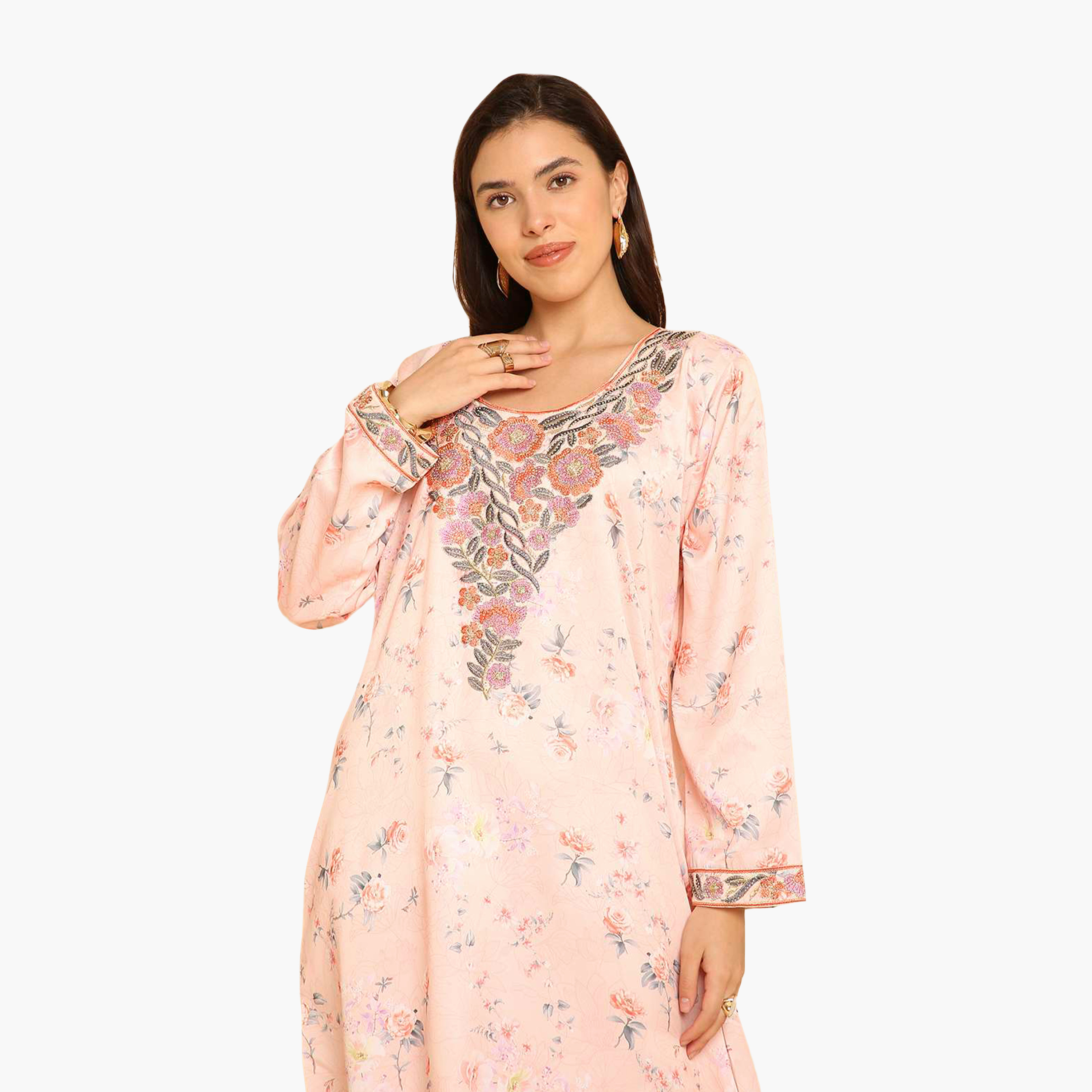 HanaandSara Floral Print Embroidered Yoke Women's Jalabiya-women-arabicclothing-jalabiyas-image-12