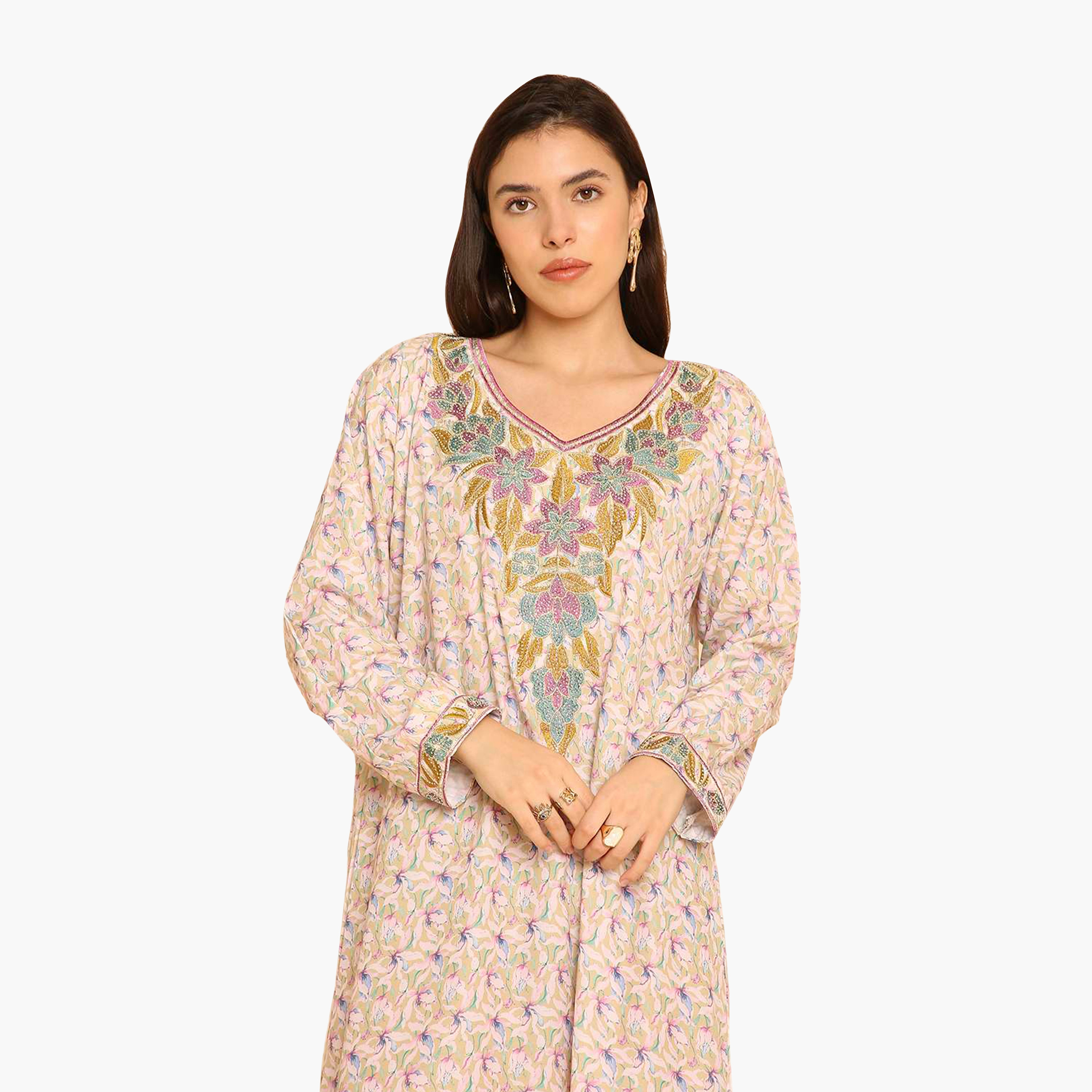 جلابية نسائية مطرزة بنقشة زهور من هنا اند سارة-women-arabicclothing-jalabiyas-image-2