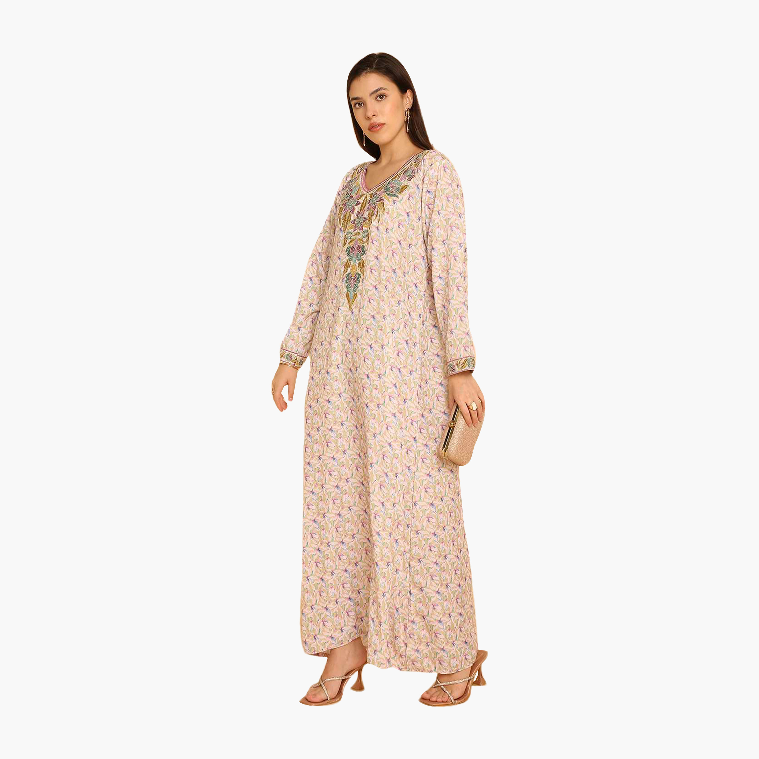 جلابية نسائية مطرزة بنقشة زهور من هنا اند سارة-women-arabicclothing-jalabiyas-image-4