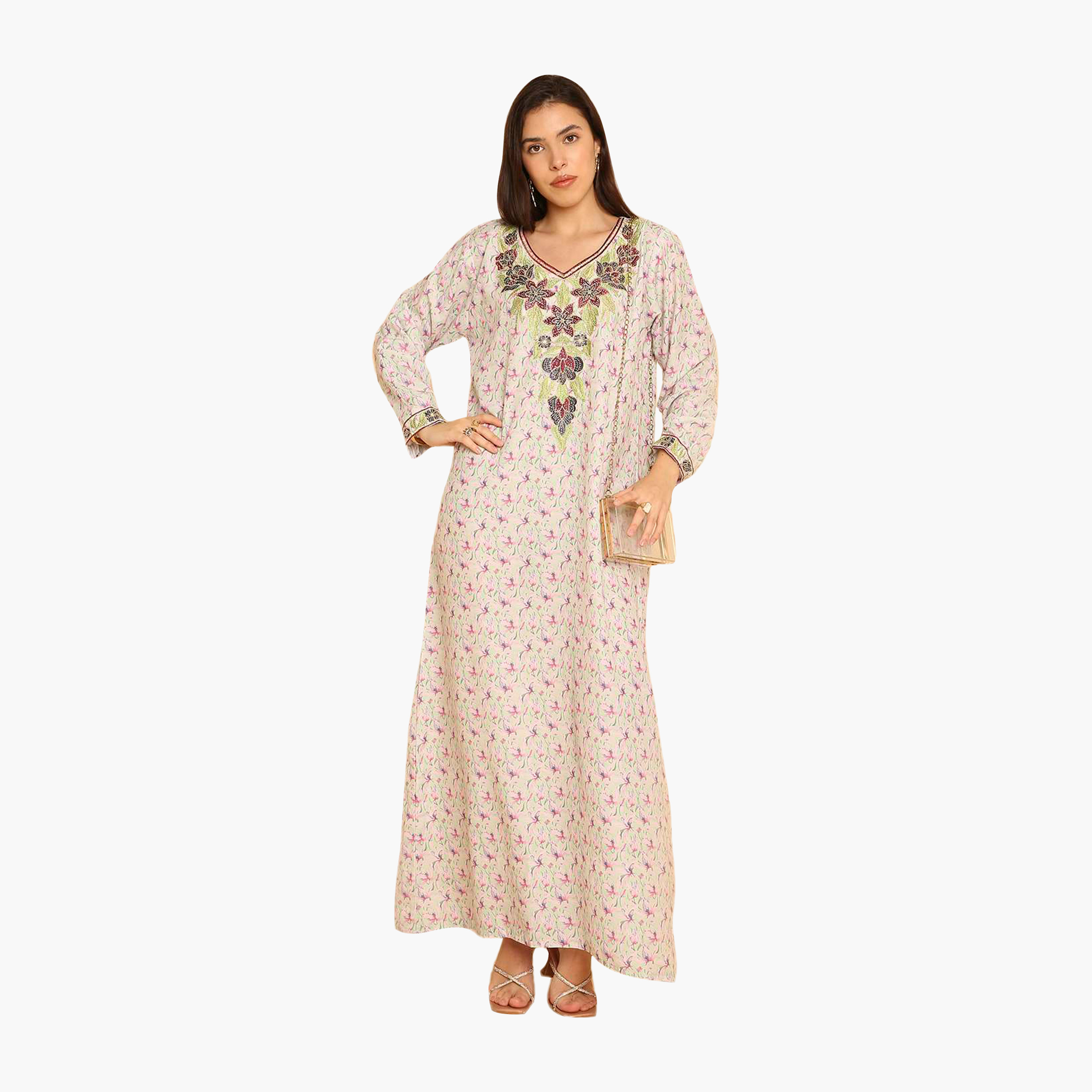 HanaandSara Floral Print Embroidered Yoke Women's Jalabiya-women-arabicclothing-jalabiyas-image-6