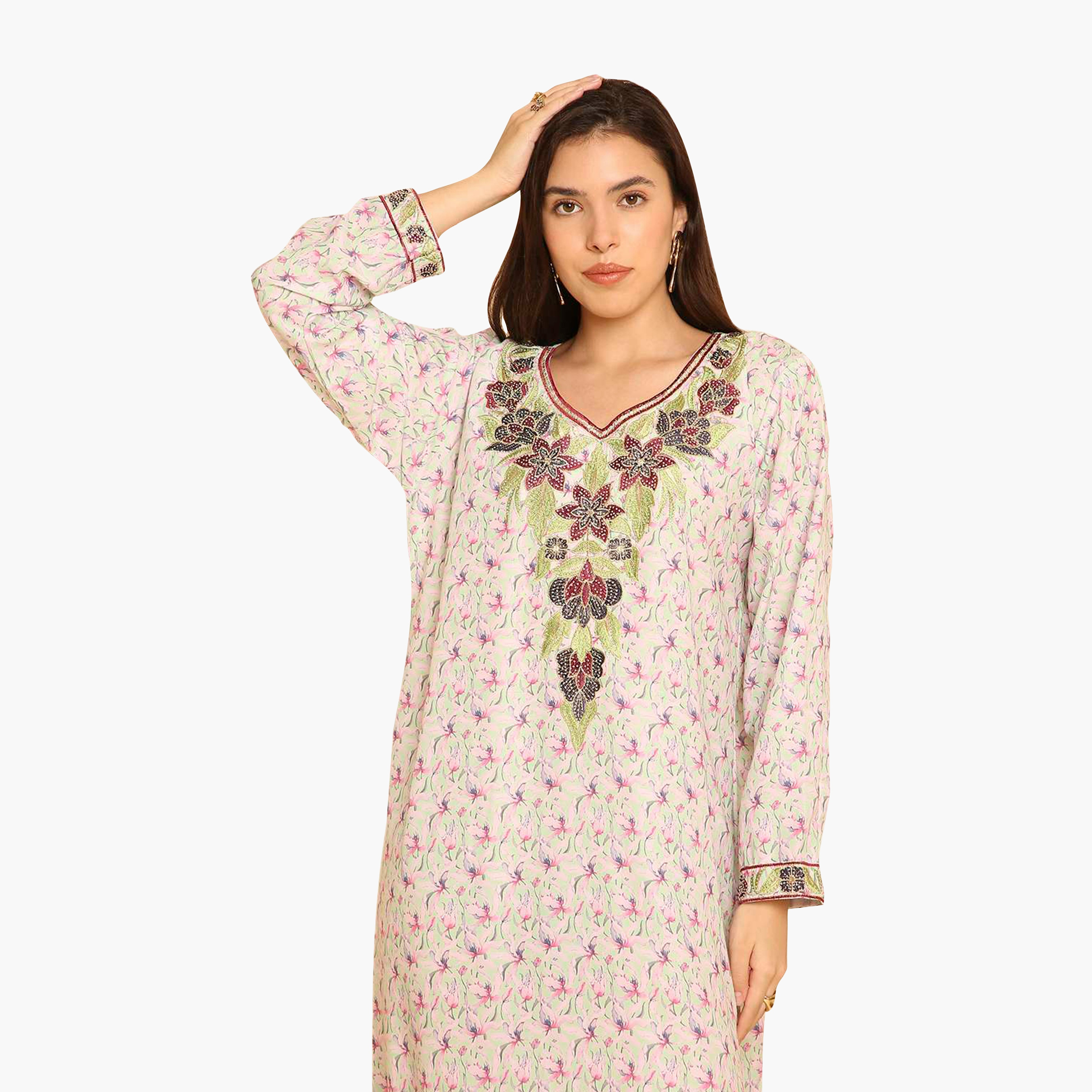 HanaandSara Floral Print Embroidered Yoke Women's Jalabiya-women-arabicclothing-jalabiyas-image-7
