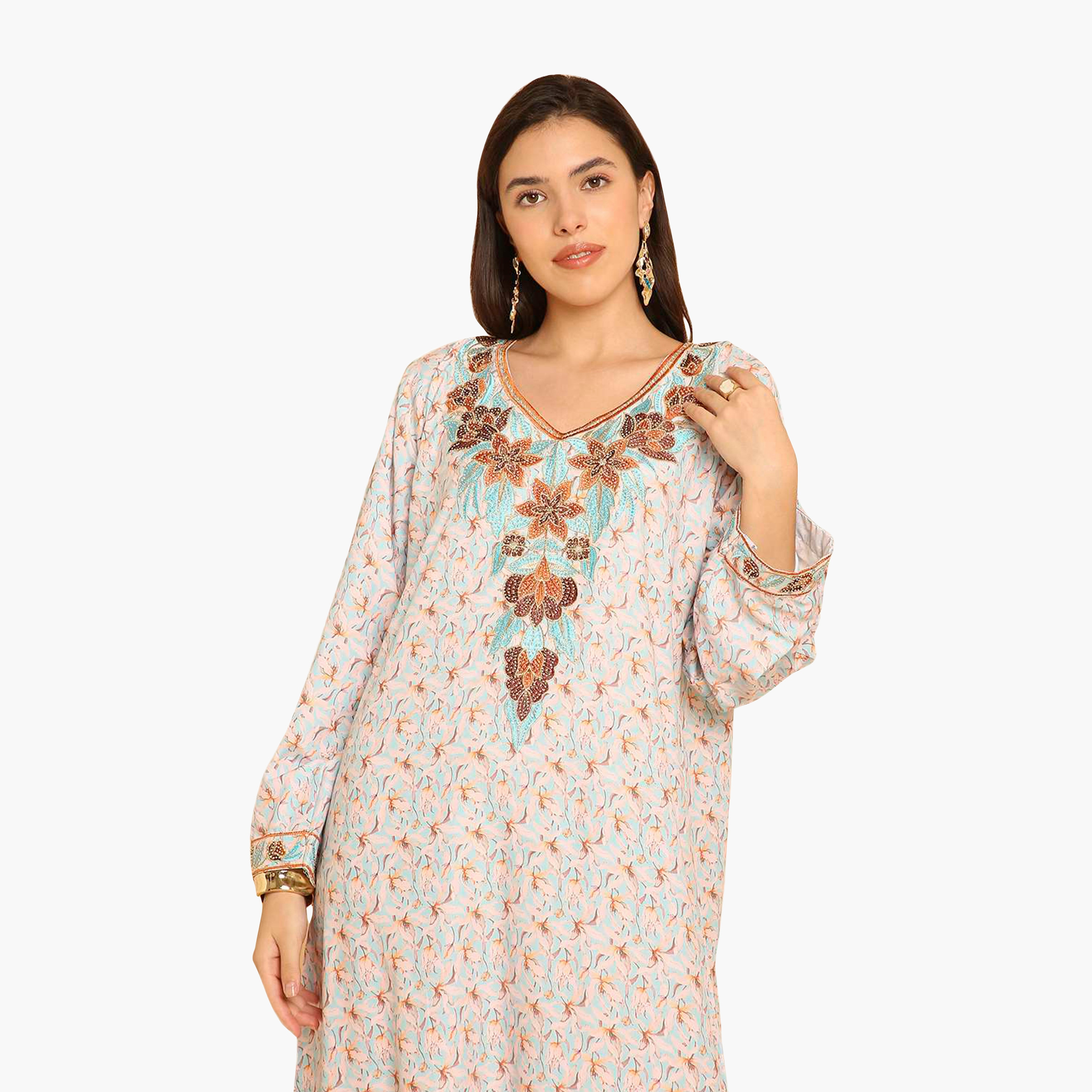HanaandSara Floral Print Embroidered Yoke Women's Jalabiya-women-arabicclothing-jalabiyas-image-12