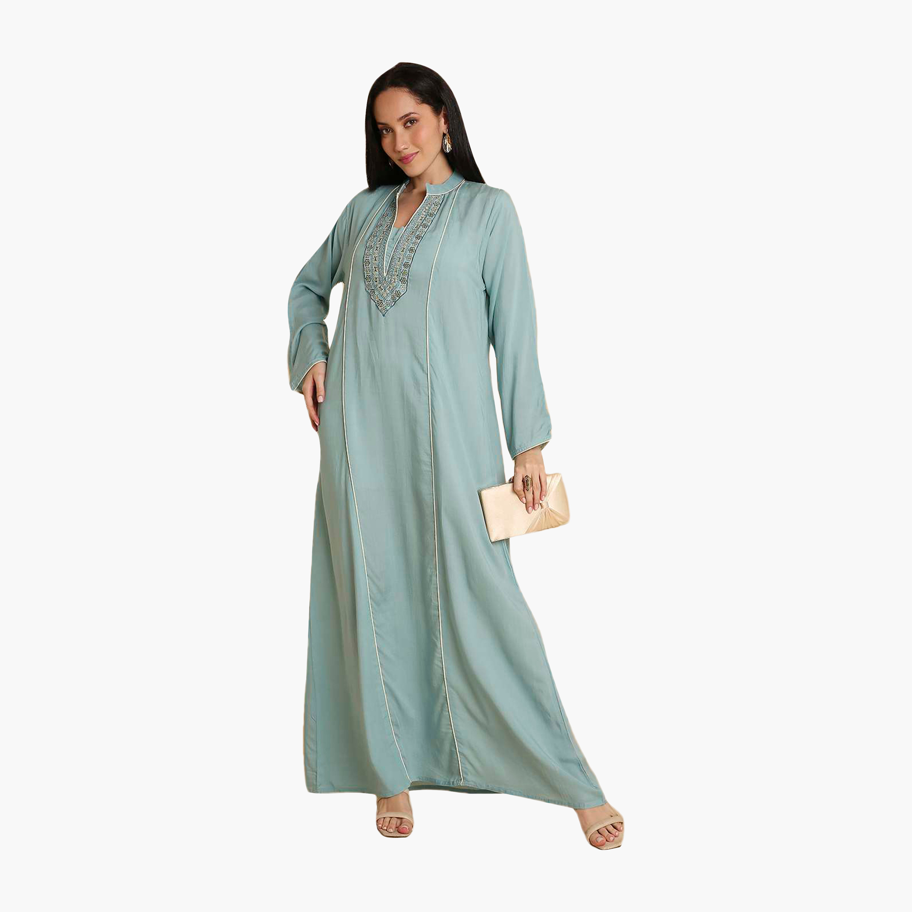 جلابية نسائية مطرزة بياقة ماندرين من هنا اند سارة-women-arabicclothing-jalabiyas-image-1