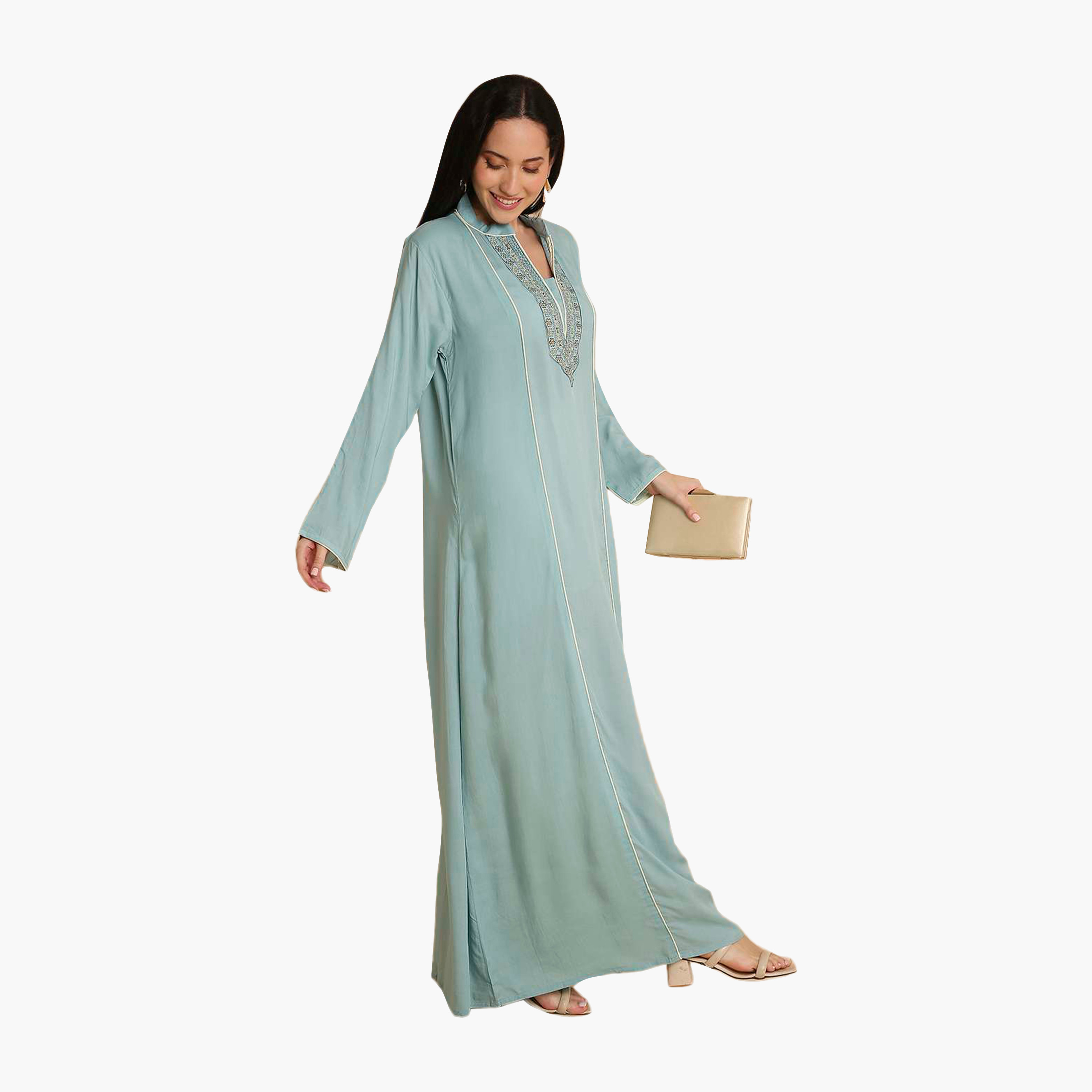 HanaandSara Embroidered Yoke Mandarin Collar Women's Jalabiya-women-arabicclothing-jalabiyas-image-3