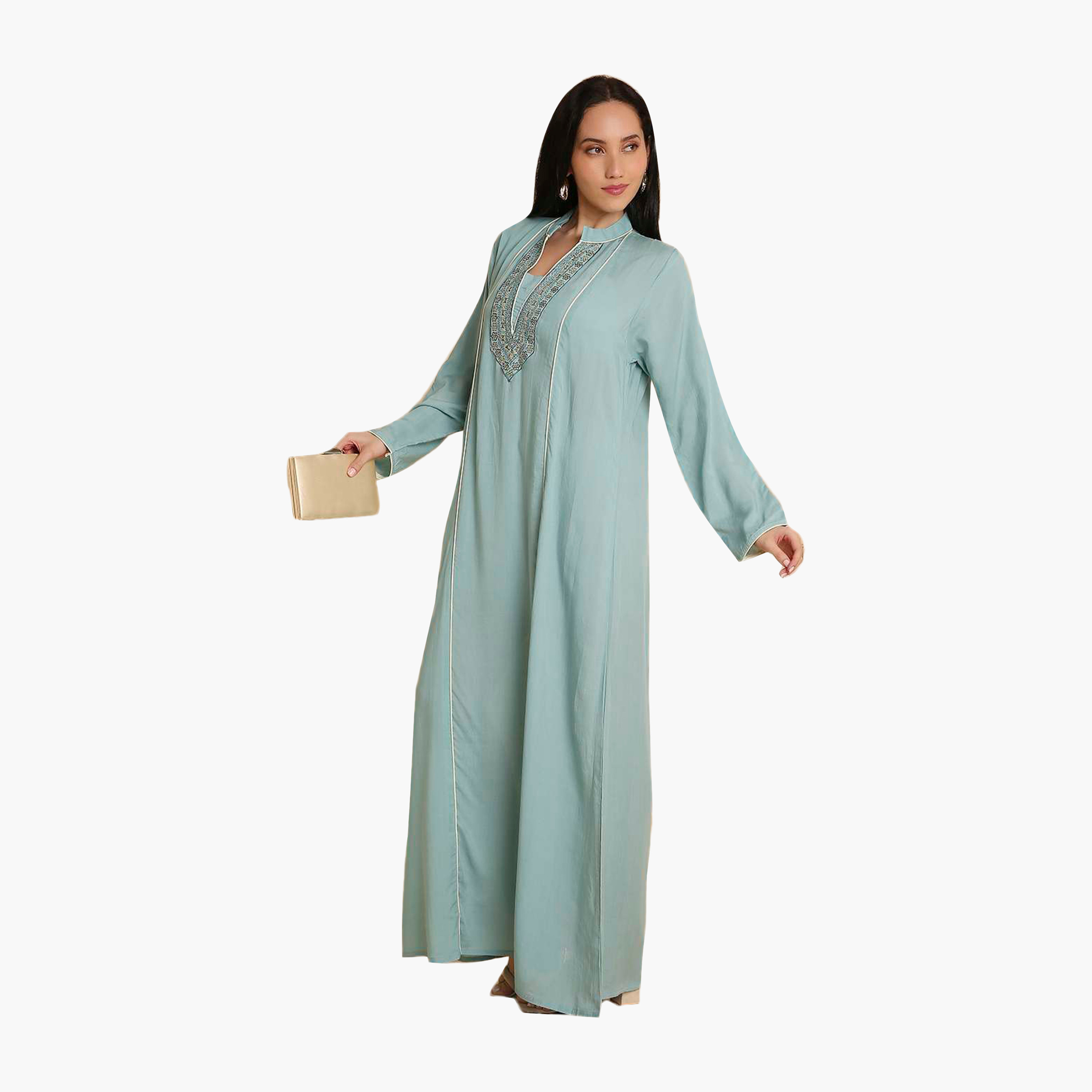 HanaandSara Embroidered Yoke Mandarin Collar Women's Jalabiya-women-arabicclothing-jalabiyas-image-4