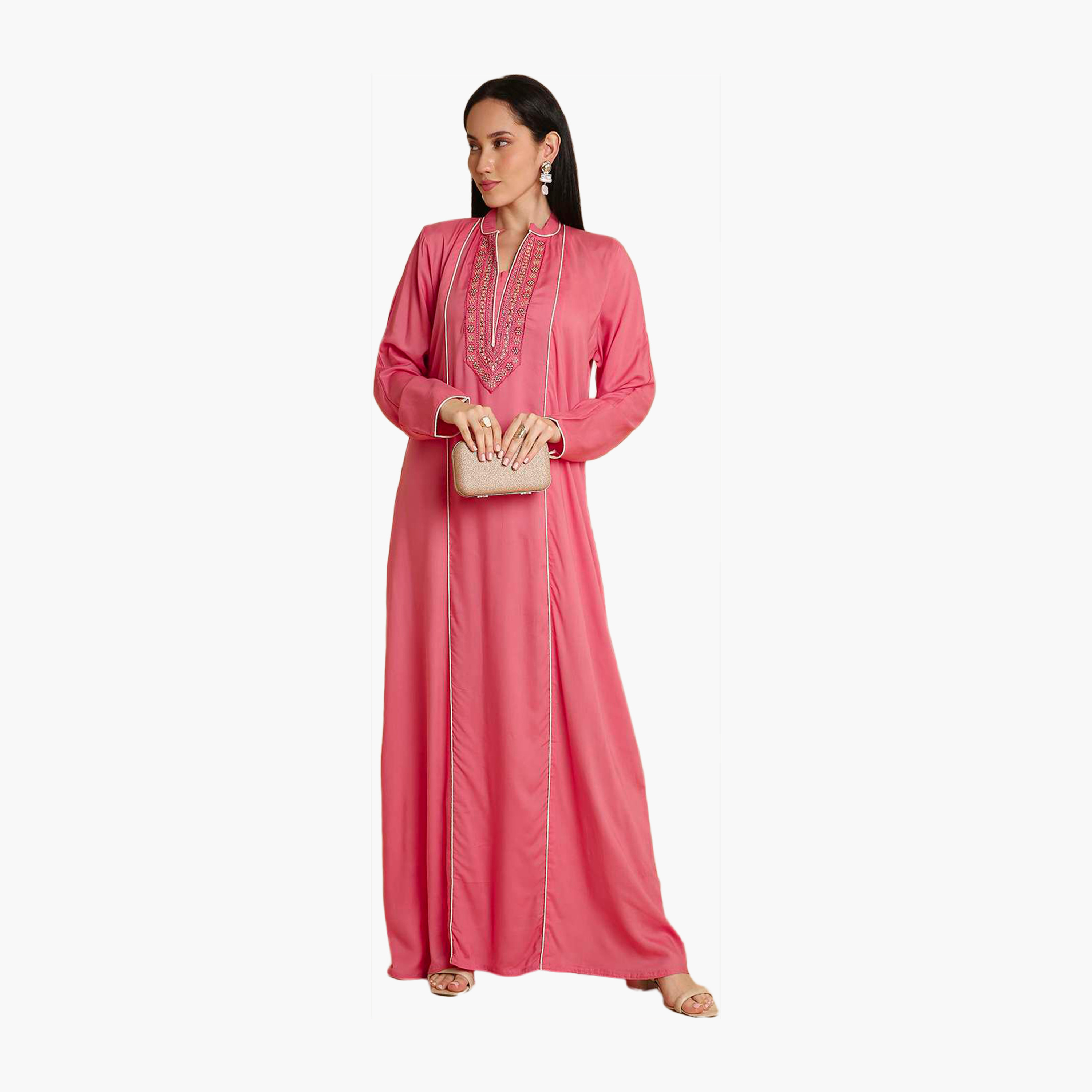 جلابية نسائية مطرزة بياقة ماندارين وردية من هانا اند سارة-women-arabicclothing-jalabiyas-image-1