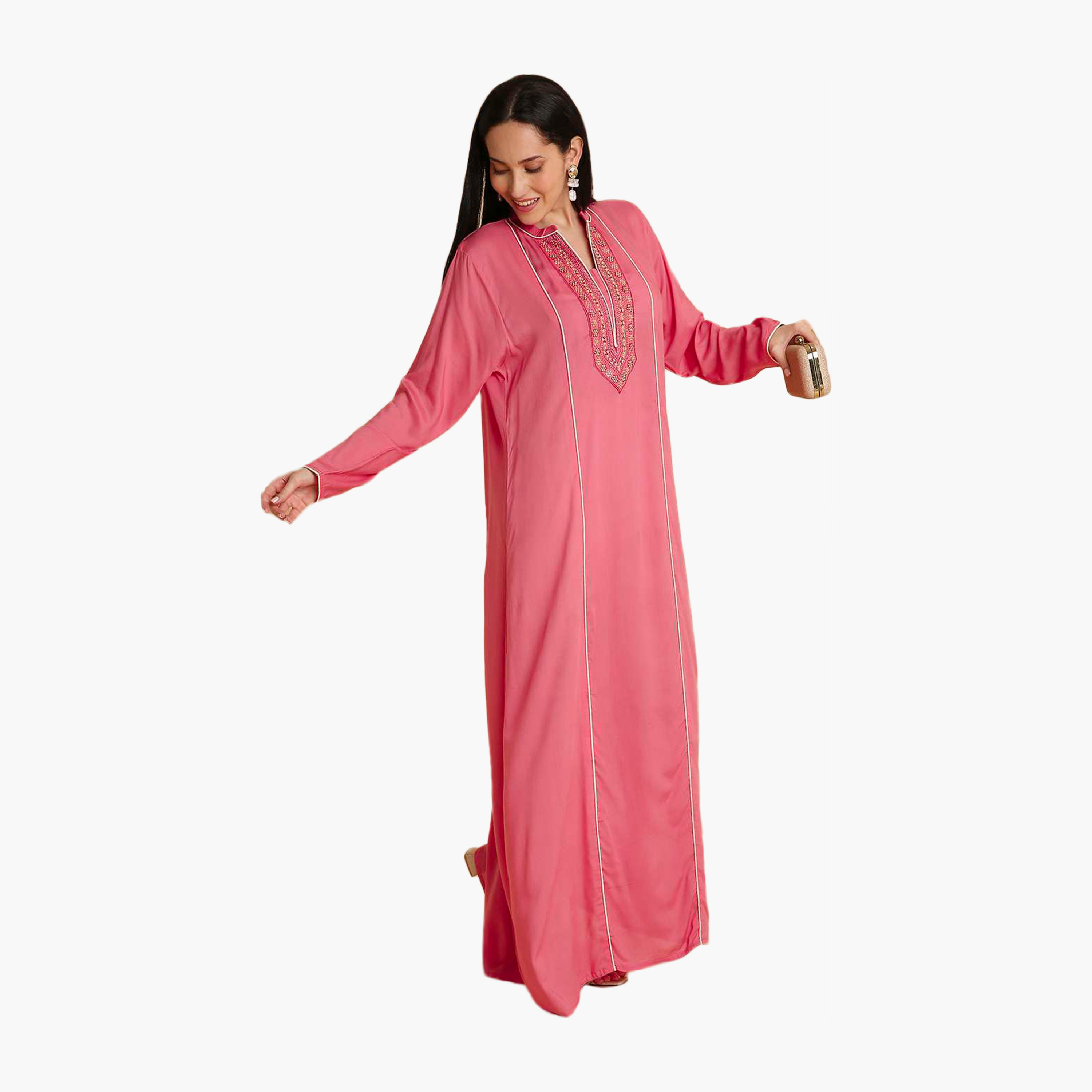 جلابية نسائية مطرزة بياقة ماندارين وردية من هانا اند سارة-women-arabicclothing-jalabiyas-image-3