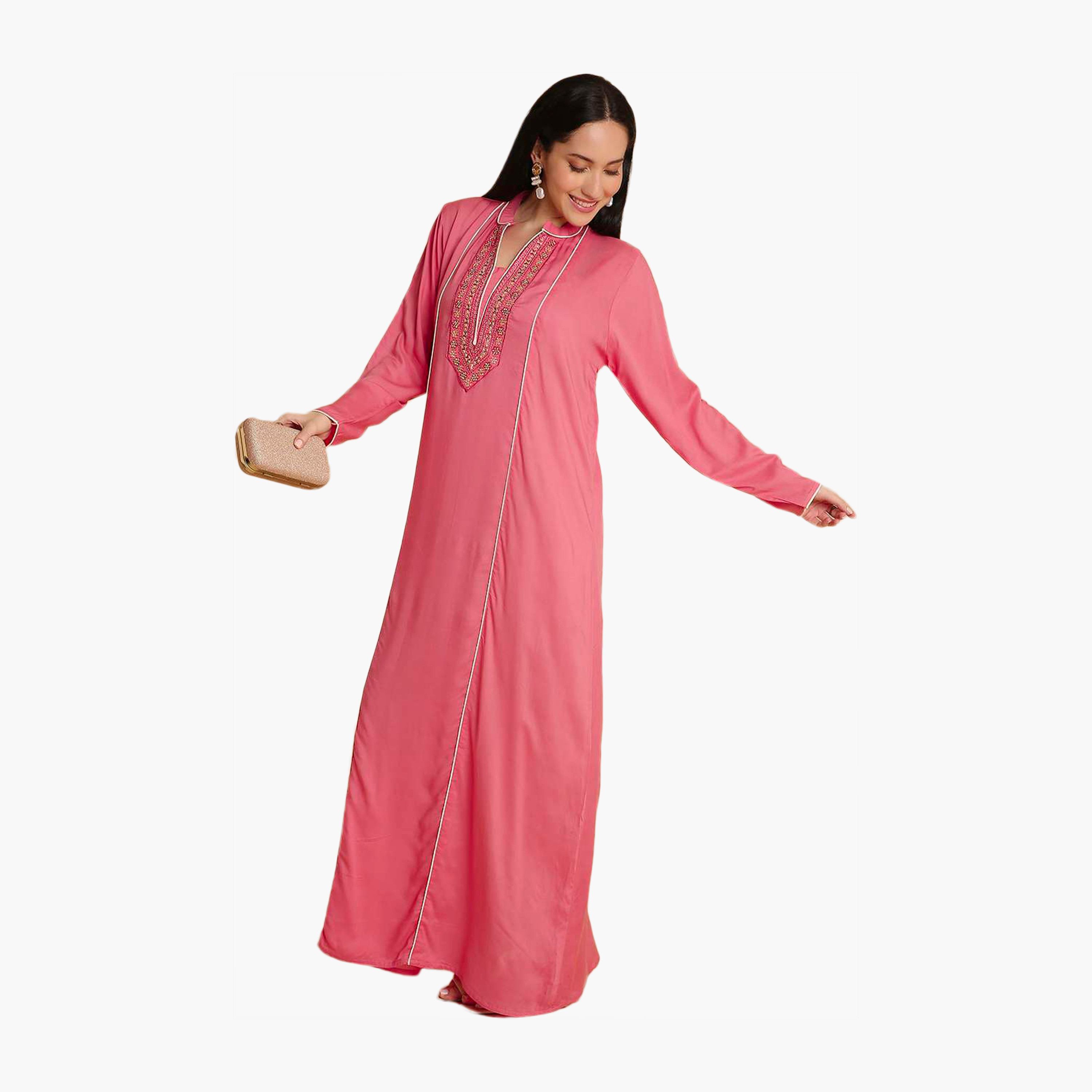 جلابية نسائية مطرزة بياقة ماندارين وردية من هانا اند سارة-women-arabicclothing-jalabiyas-image-4