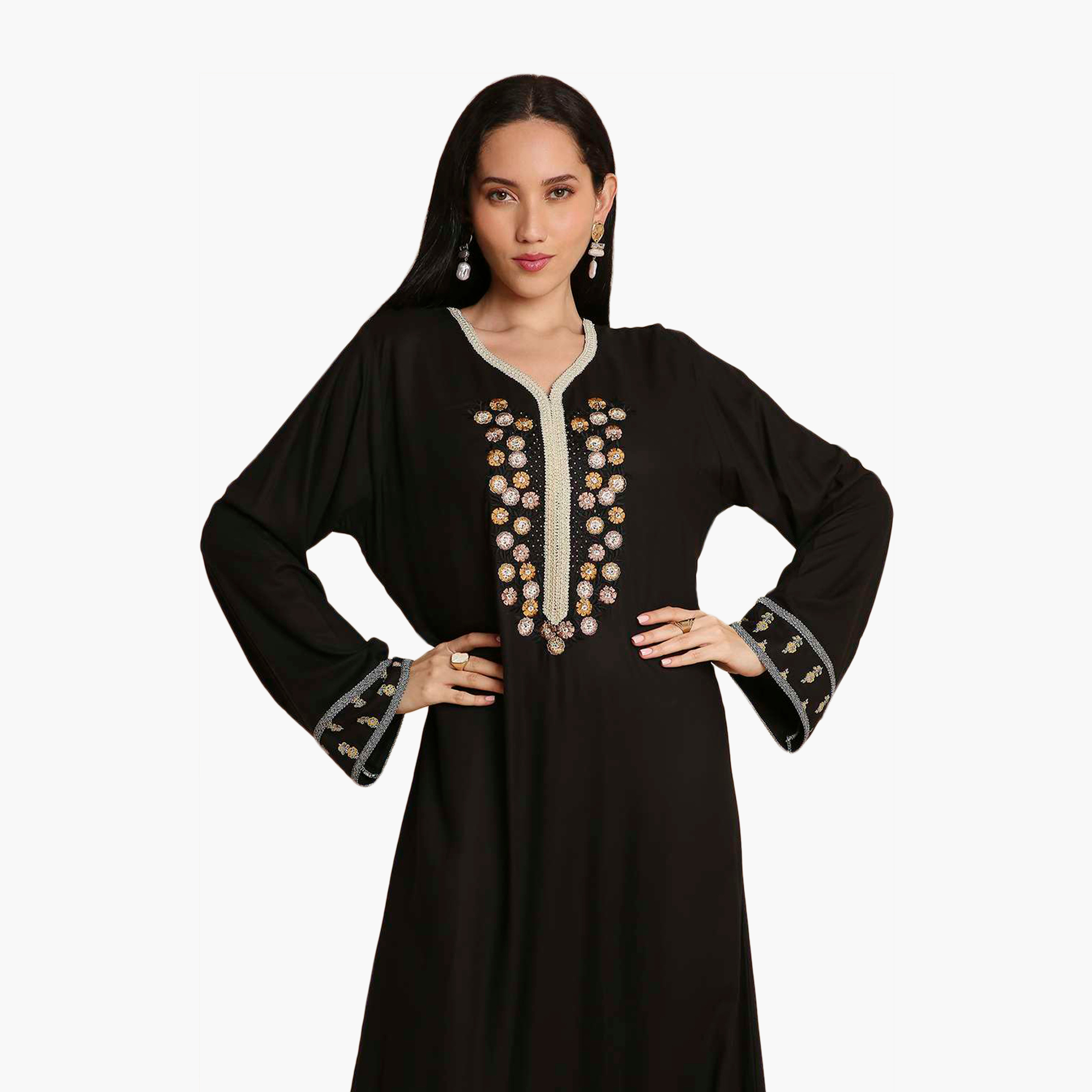 HanaandSara Floral Embroidered Yoke Women's Jalabiya-women-arabicclothing-jalabiyas-image-2