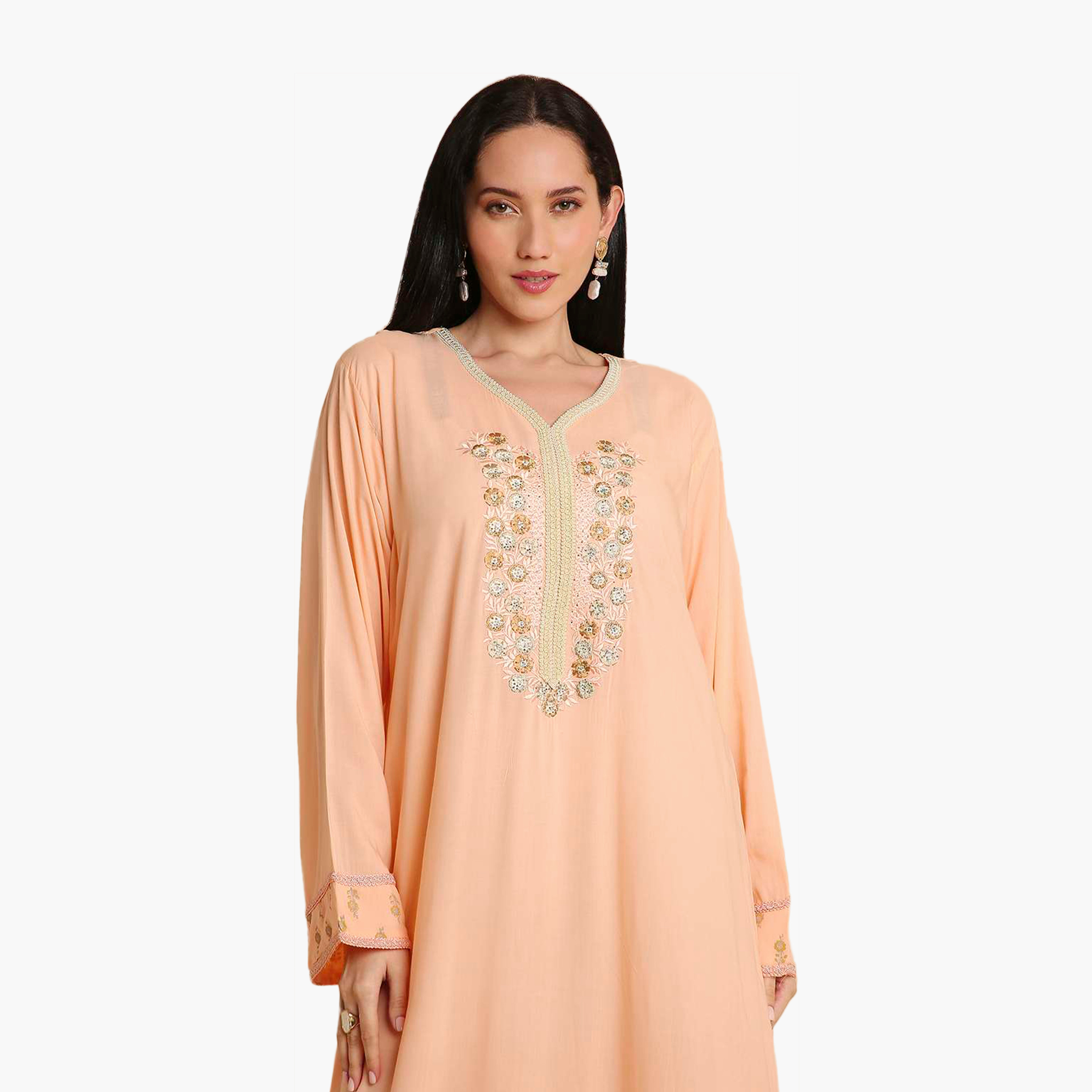 HanaandSara Floral Embroidered Yoke Women's Jalabiya-women-arabicclothing-jalabiyas-image-2