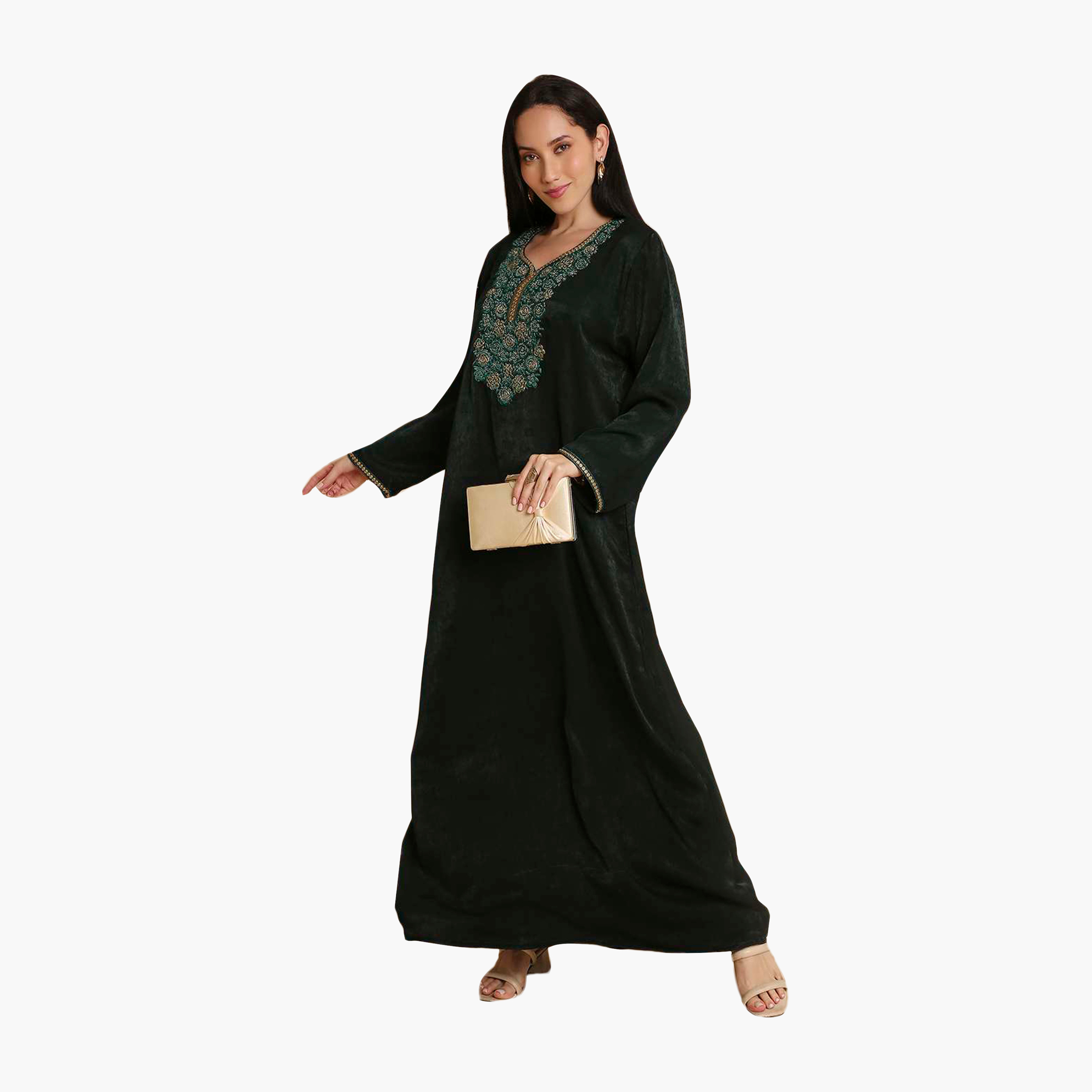 HanaandSara Green Embroidered Yoke Velvet Women's Jalabiya-women-arabicclothing-jalabiyas-image-1
