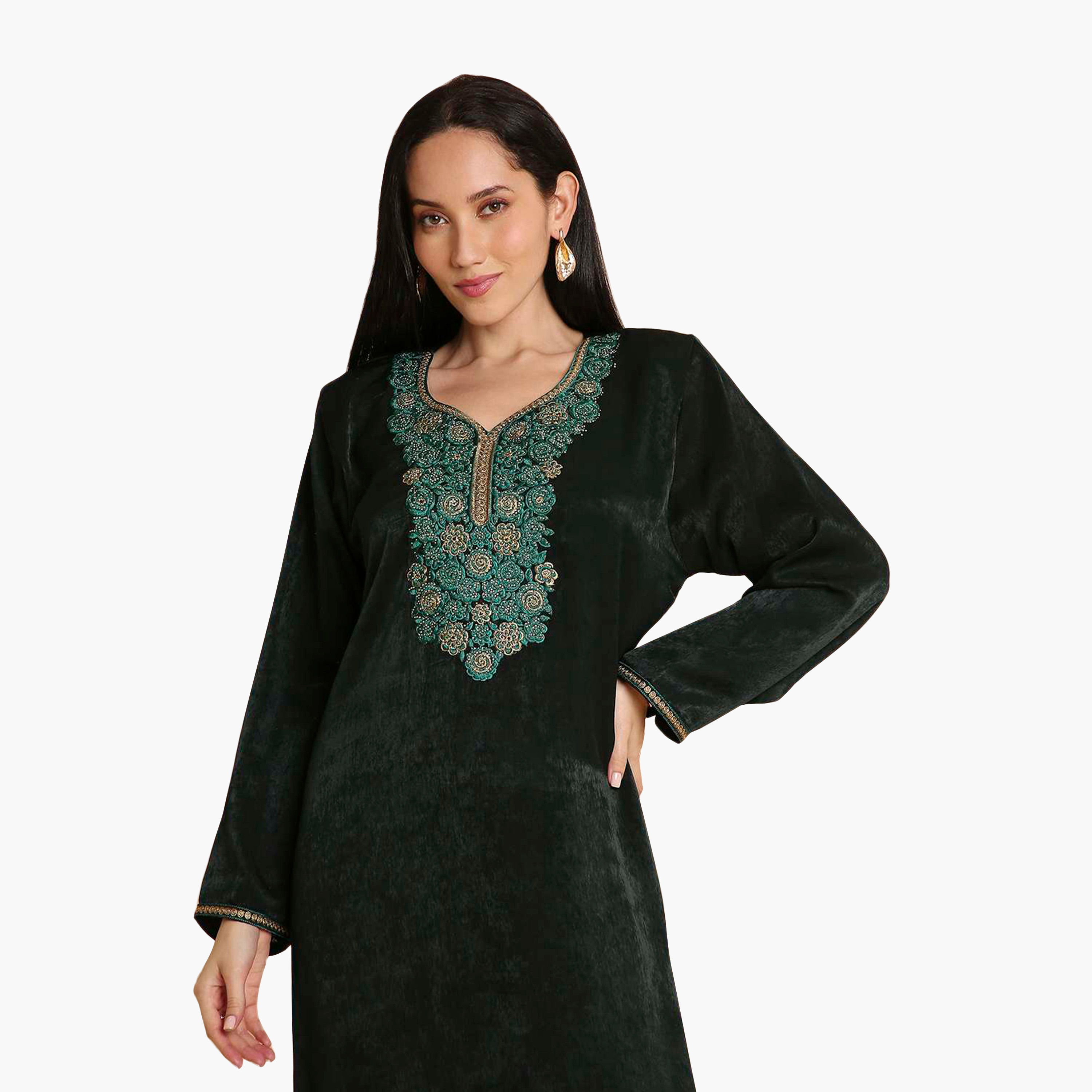 HanaandSara Green Embroidered Yoke Velvet Women's Jalabiya-women-arabicclothing-jalabiyas-image-2