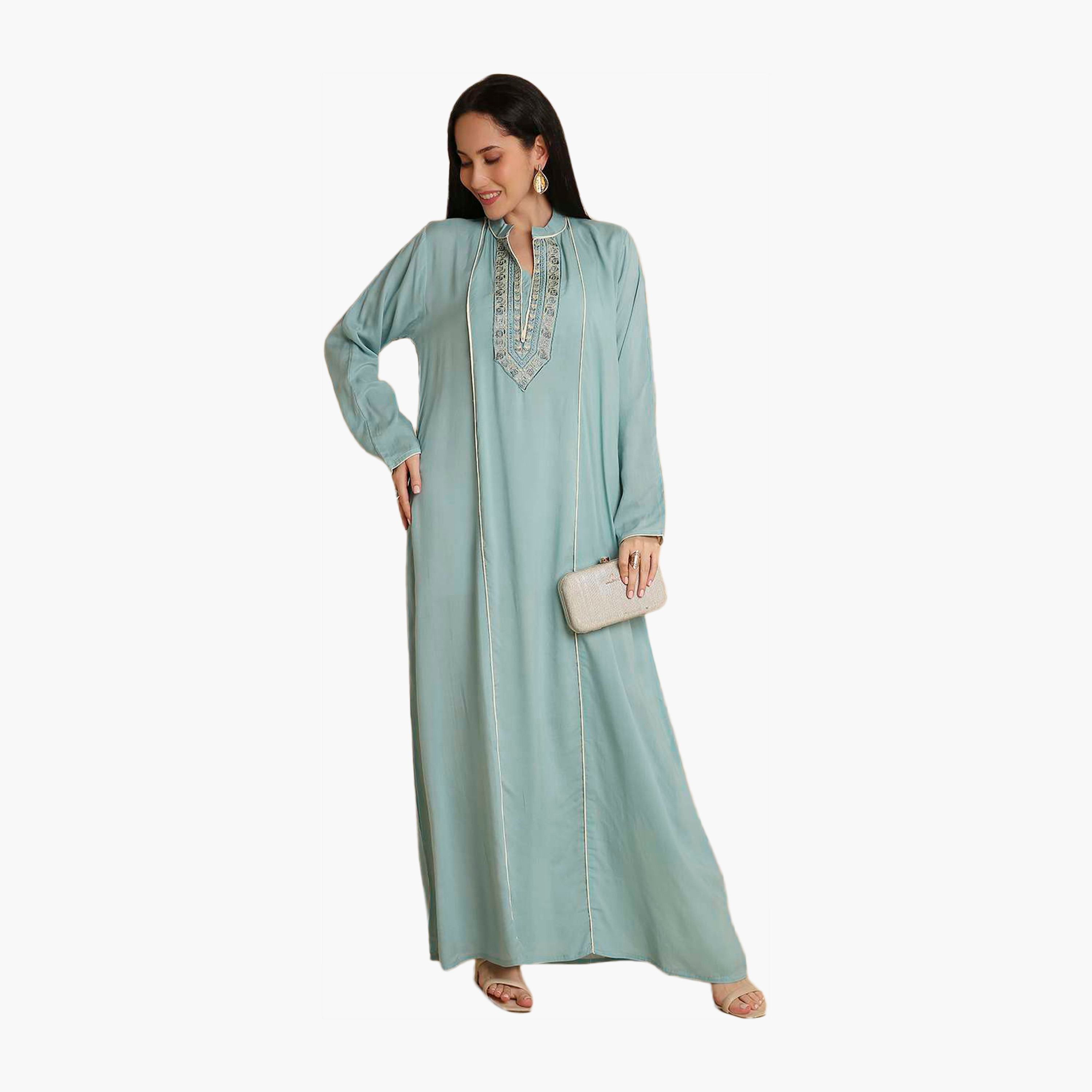 جلابية نسائية زرقاء مطرزة بياقة ماندارين من هانا اند سارة-women-arabicclothing-jalabiyas-image-1