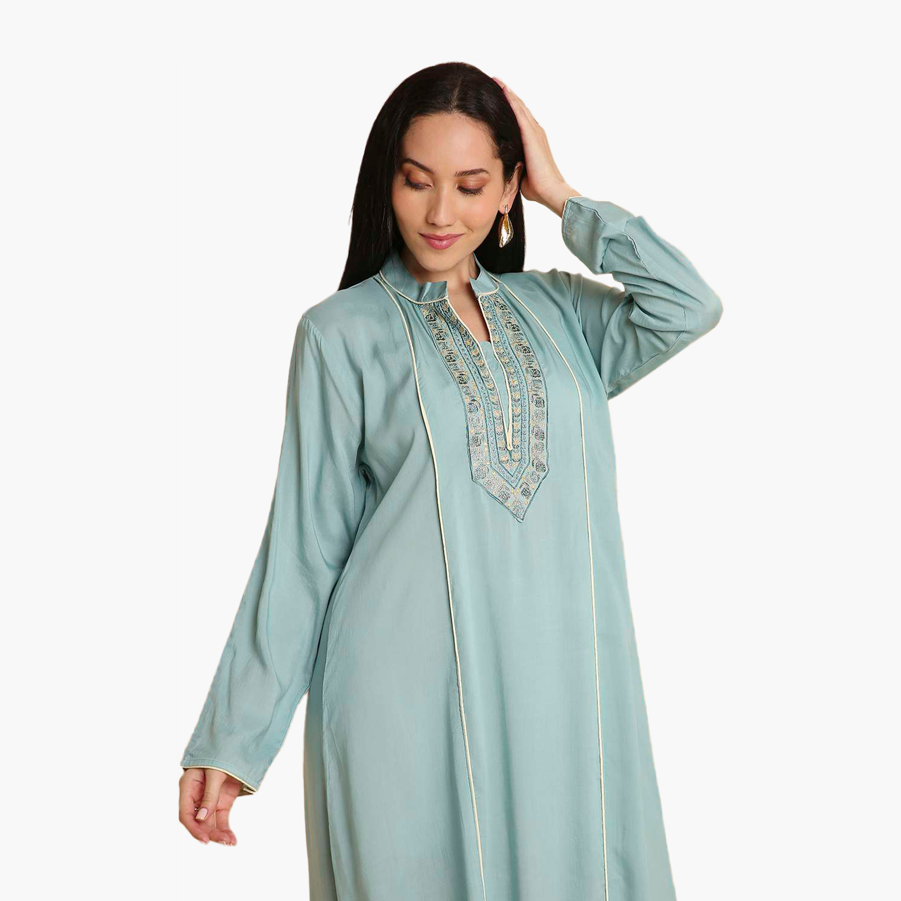 جلابية نسائية زرقاء مطرزة بياقة ماندارين من هانا اند سارة-women-arabicclothing-jalabiyas-image-2