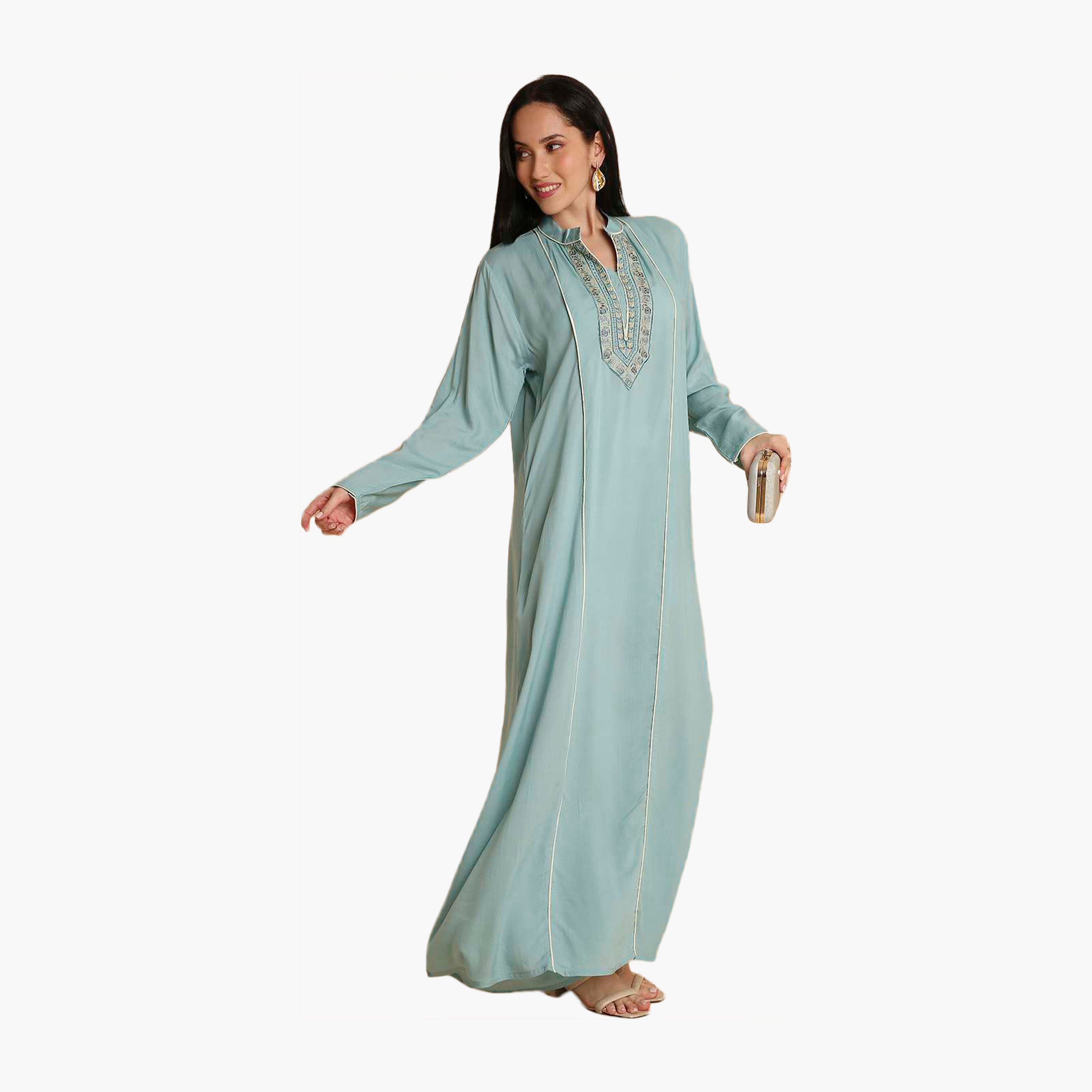 جلابية نسائية زرقاء مطرزة بياقة ماندارين من هانا اند سارة-women-arabicclothing-jalabiyas-image-3