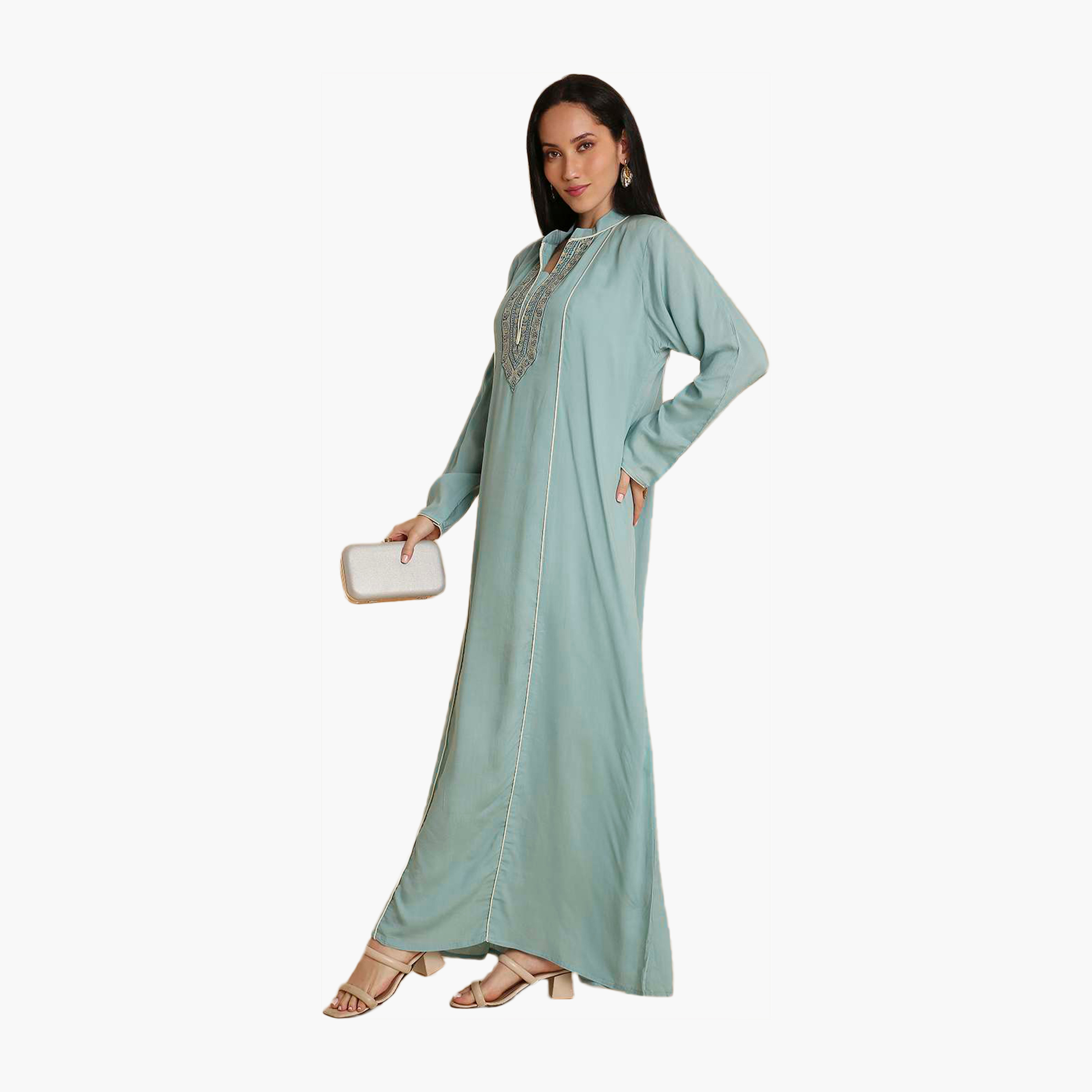 جلابية نسائية زرقاء مطرزة بياقة ماندارين من هانا اند سارة-women-arabicclothing-jalabiyas-image-4