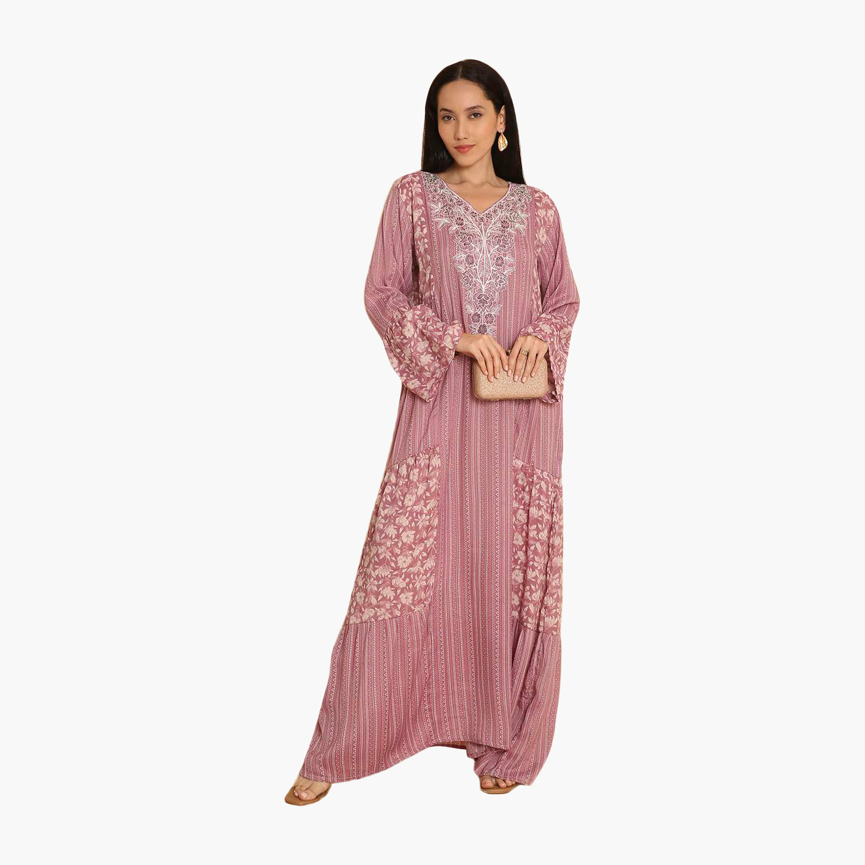 HanaandSara Pink Geometric Print Embroidered Yoke Bell Sleeves Women's Jalabiya-women-arabicclothing-jalabiyas-image-1