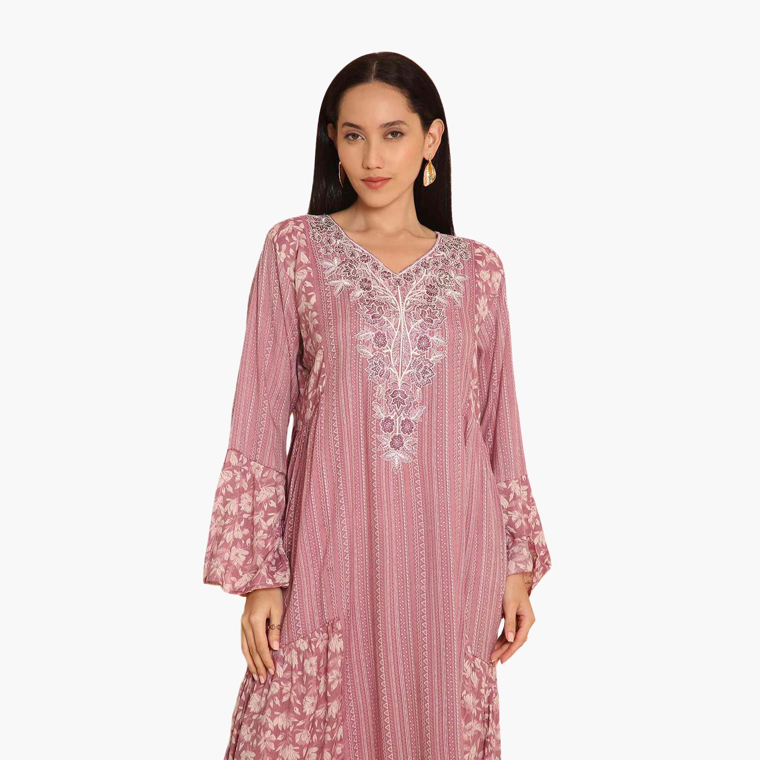 HanaandSara Pink Geometric Print Embroidered Yoke Bell Sleeves Women's Jalabiya-women-arabicclothing-jalabiyas-image-2