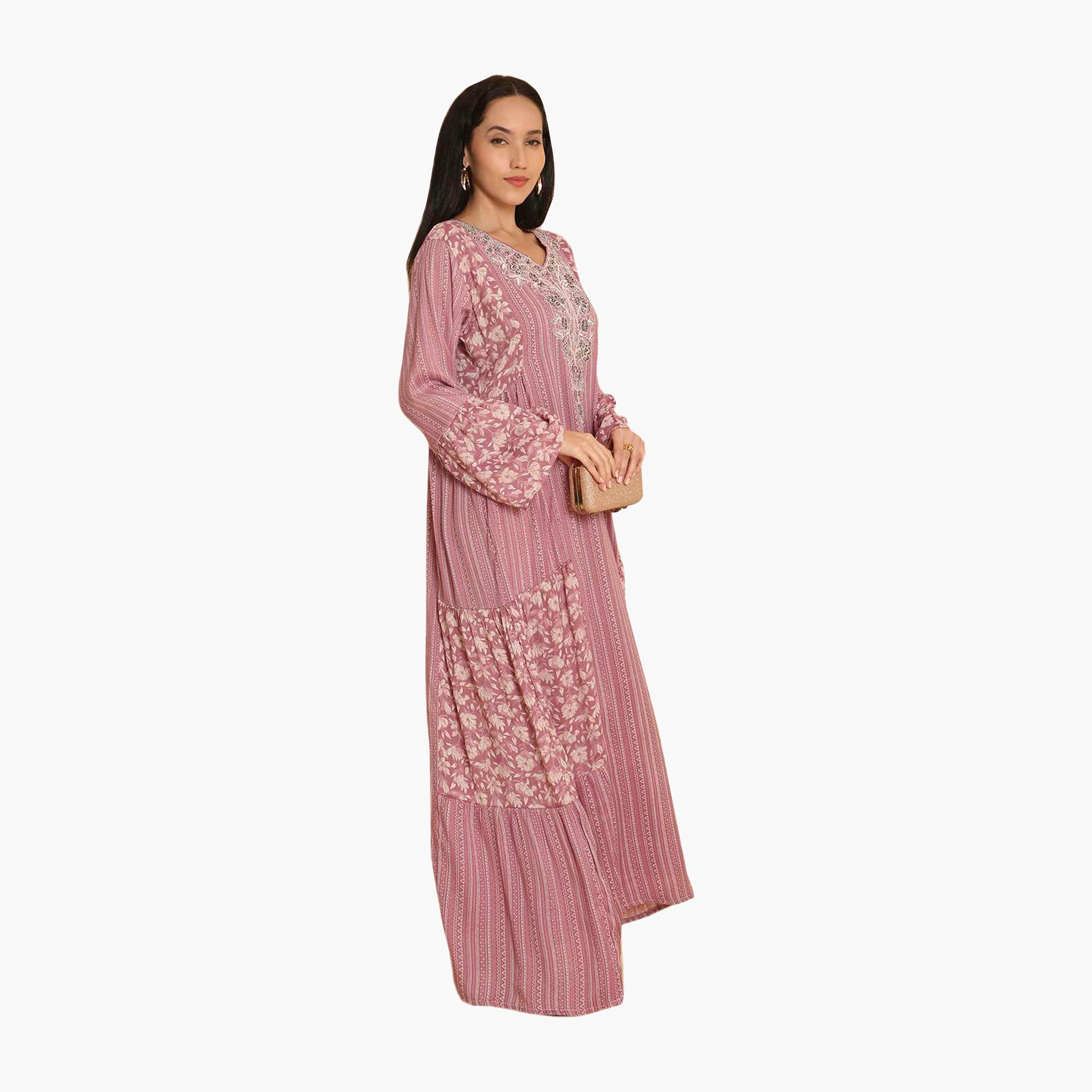 HanaandSara Pink Geometric Print Embroidered Yoke Bell Sleeves Women's Jalabiya-women-arabicclothing-jalabiyas-image-3