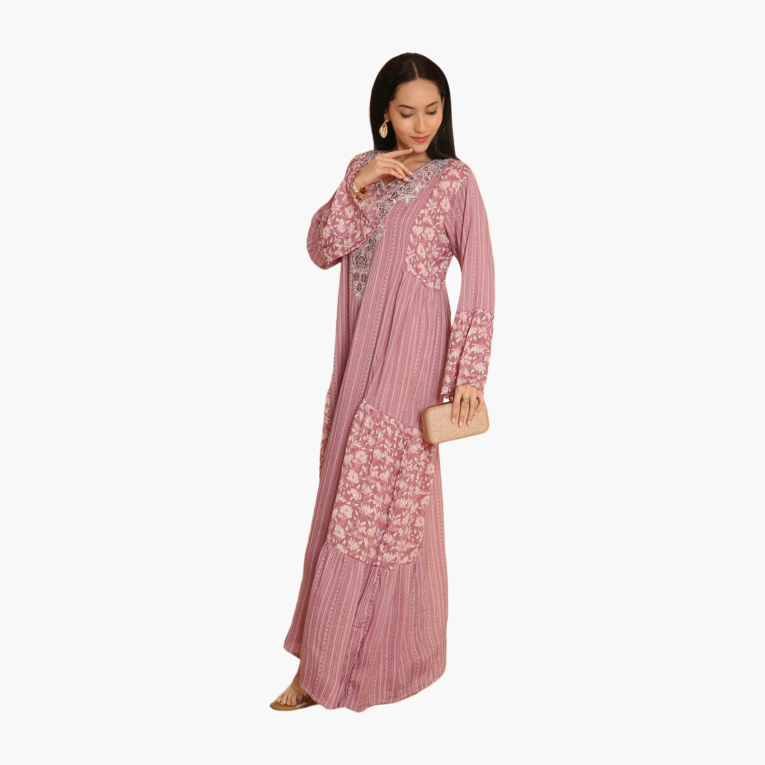 HanaandSara Pink Geometric Print Embroidered Yoke Bell Sleeves Women's Jalabiya-women-arabicclothing-jalabiyas-image-4