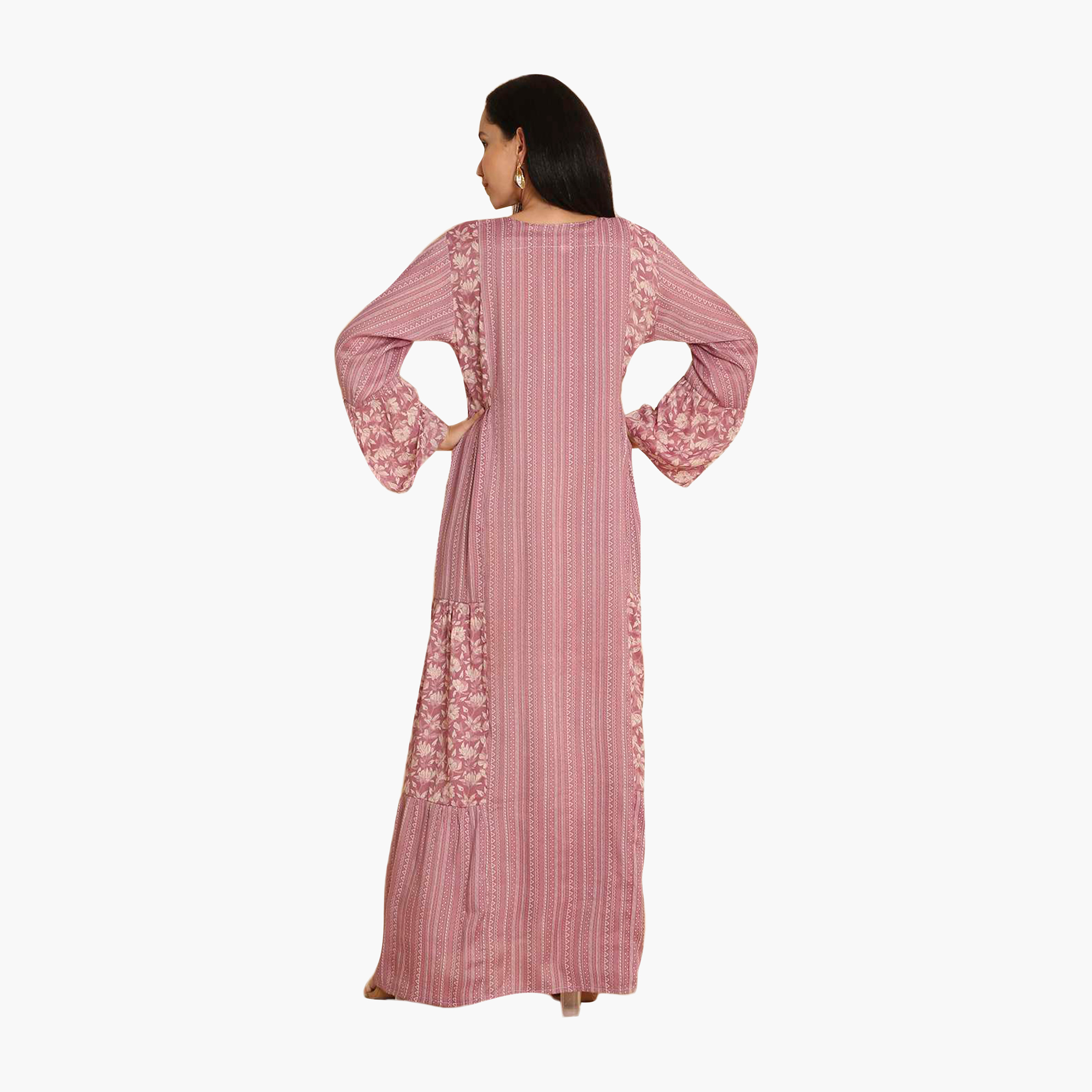 HanaandSara Pink Geometric Print Embroidered Yoke Bell Sleeves Women's Jalabiya-women-arabicclothing-jalabiyas-image-5
