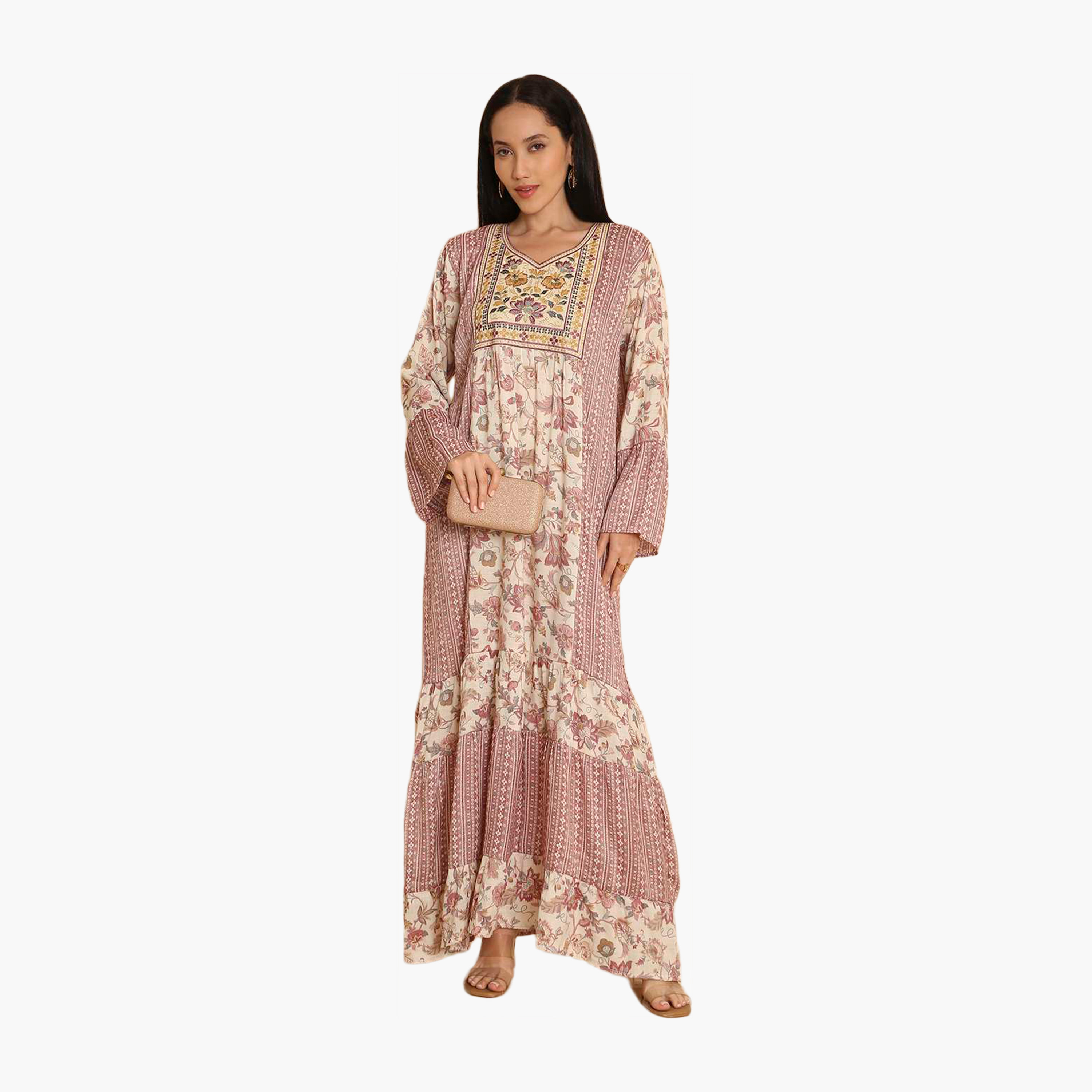 جلابية نسائية متعددة الألوان بأكمام جرس ومطبوعة ومطرزة من هانا اند سارة-women-arabicclothing-jalabiyas-image-1