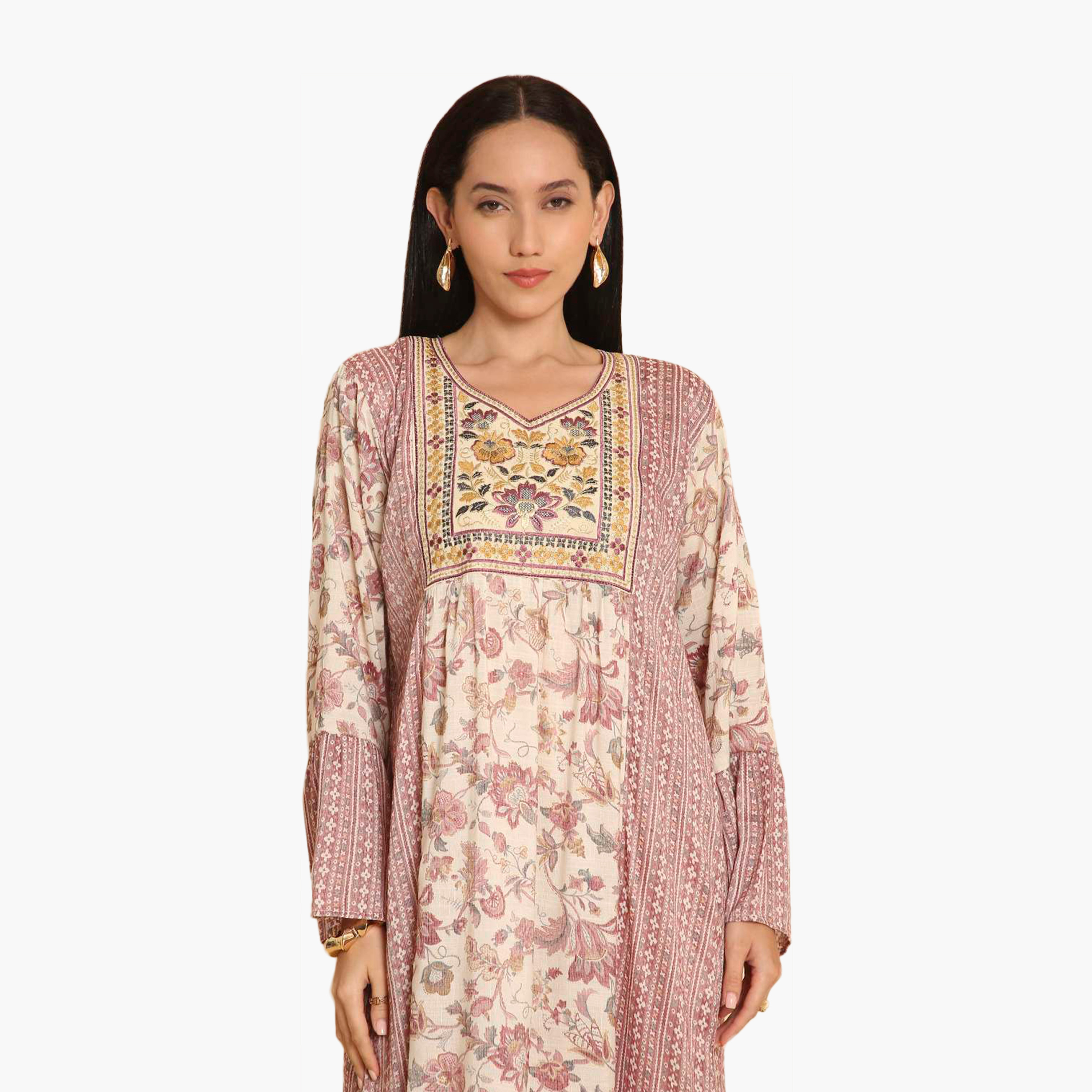 جلابية نسائية متعددة الألوان بأكمام جرس ومطبوعة ومطرزة من هانا اند سارة-women-arabicclothing-jalabiyas-image-2