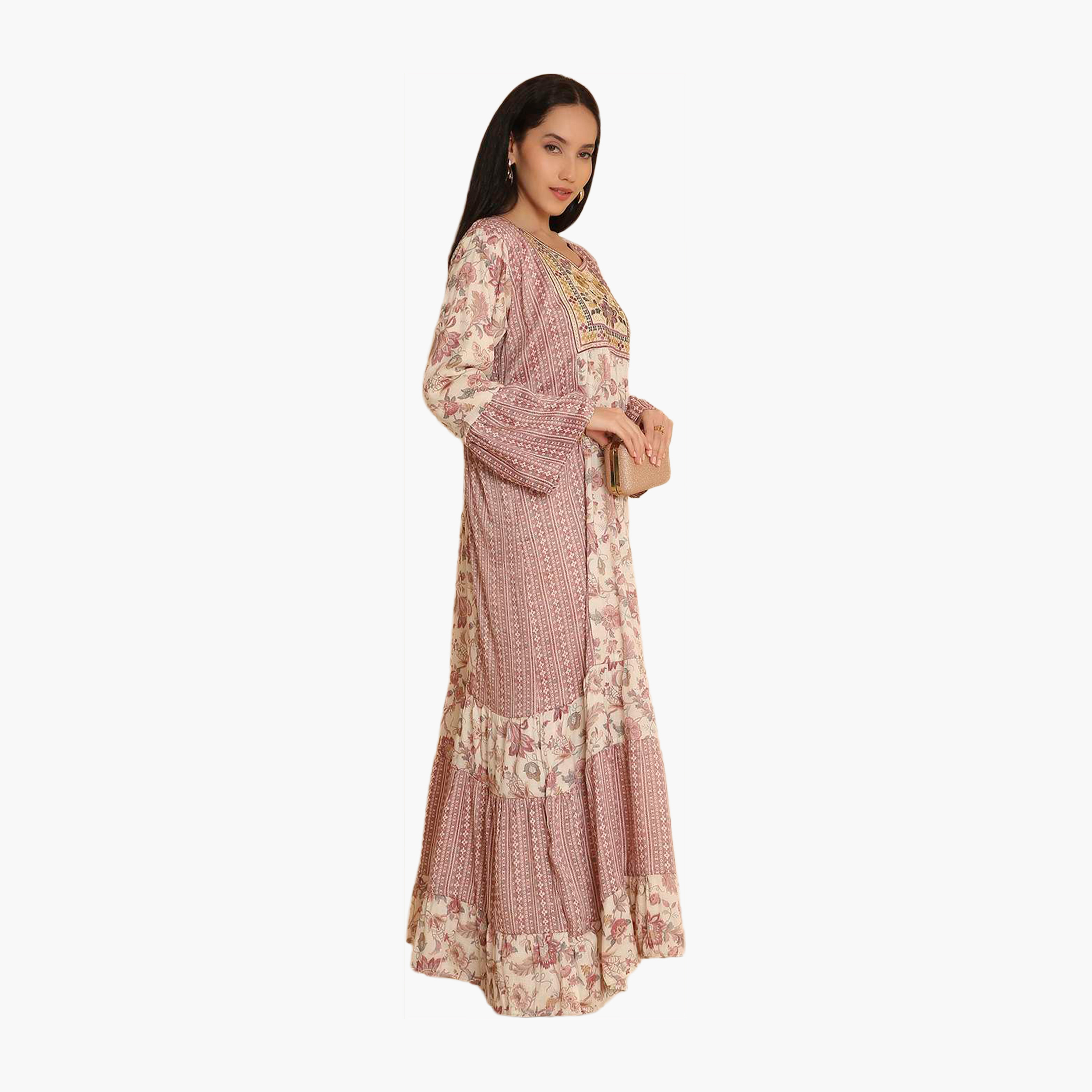 جلابية نسائية متعددة الألوان بأكمام جرس ومطبوعة ومطرزة من هانا اند سارة-women-arabicclothing-jalabiyas-image-3