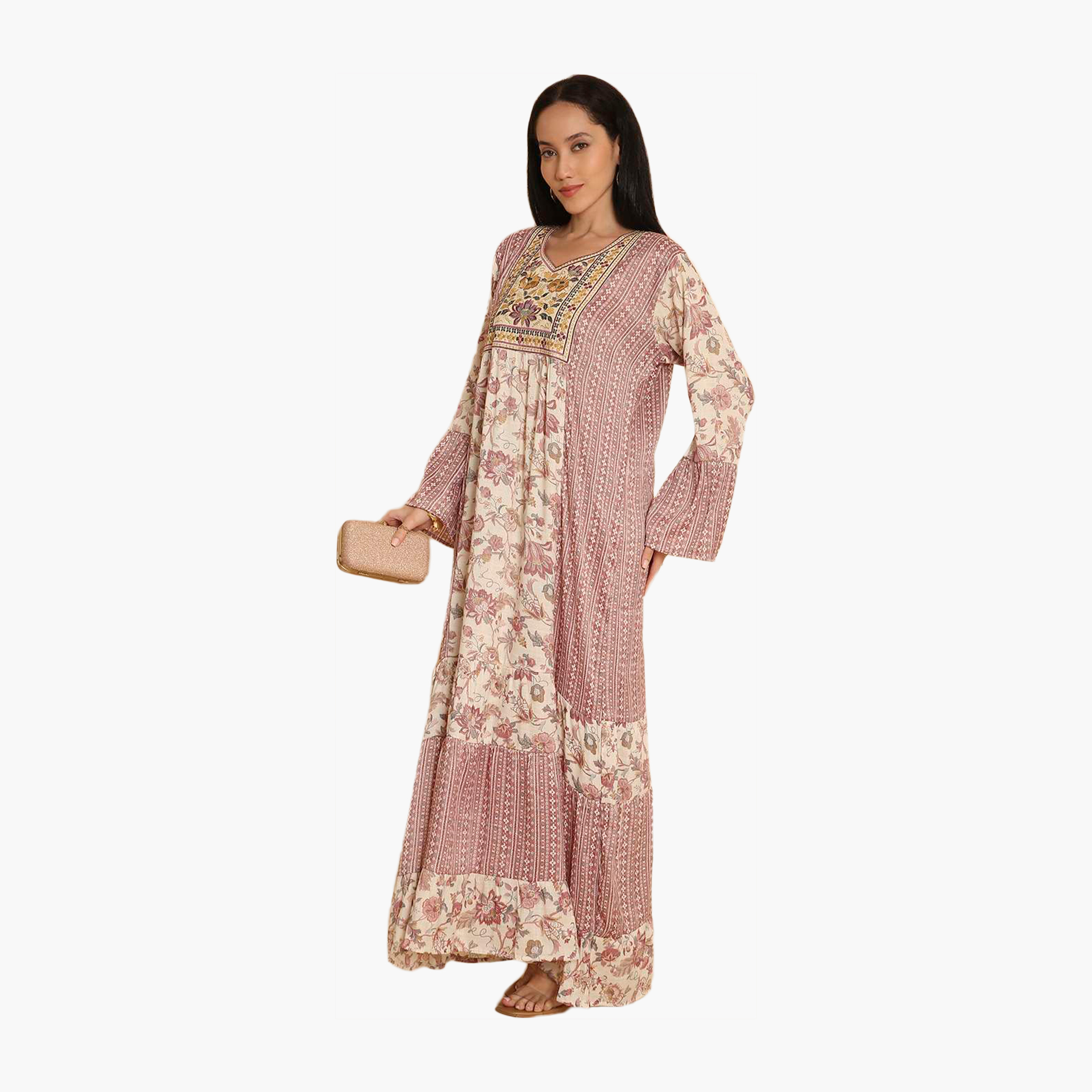 جلابية نسائية متعددة الألوان بأكمام جرس ومطبوعة ومطرزة من هانا اند سارة-women-arabicclothing-jalabiyas-image-4