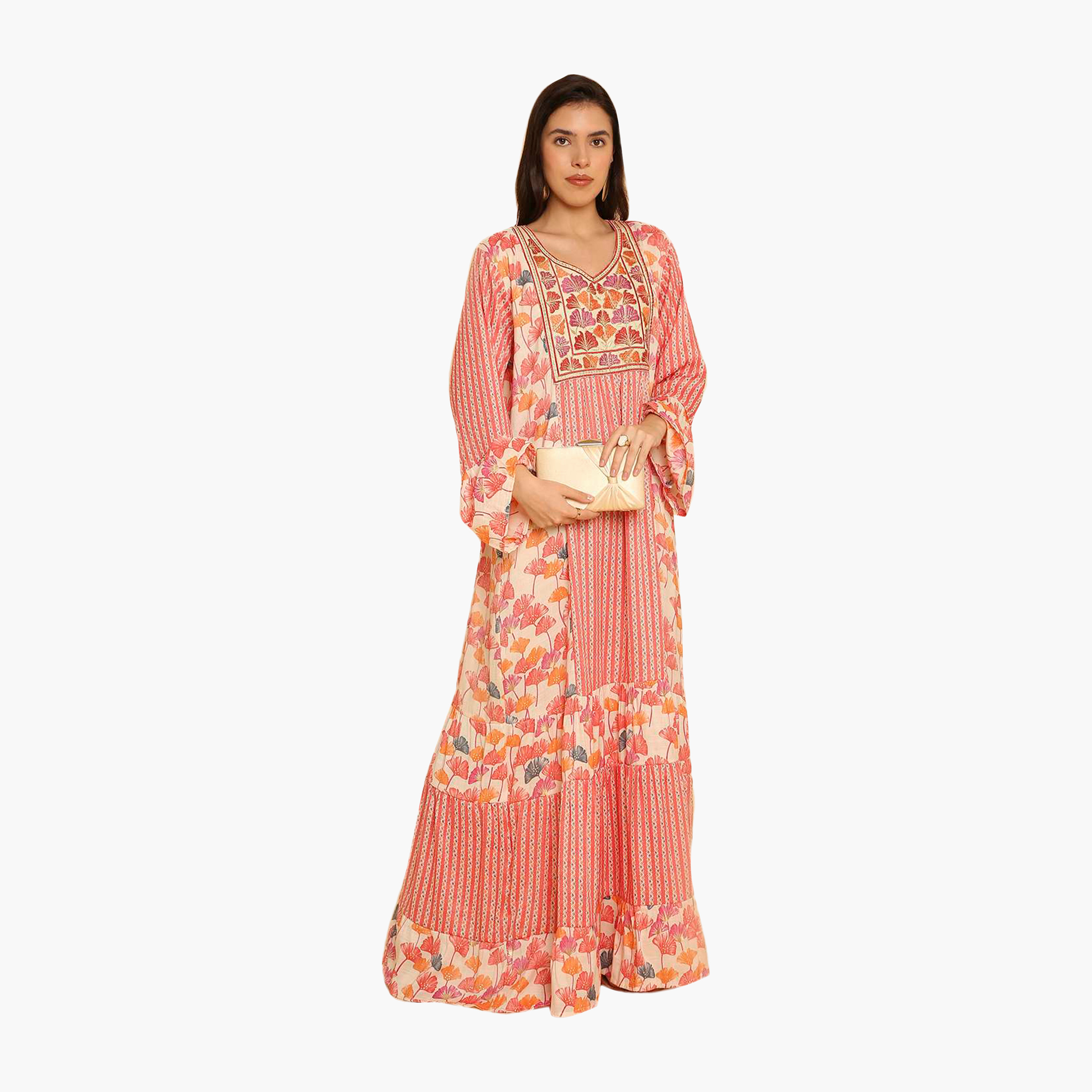 HanaandSara Multicolour Floral Print Embroidered Yoke Bell Sleeves Women's Jalabiya-women-arabicclothing-jalabiyas-image-1