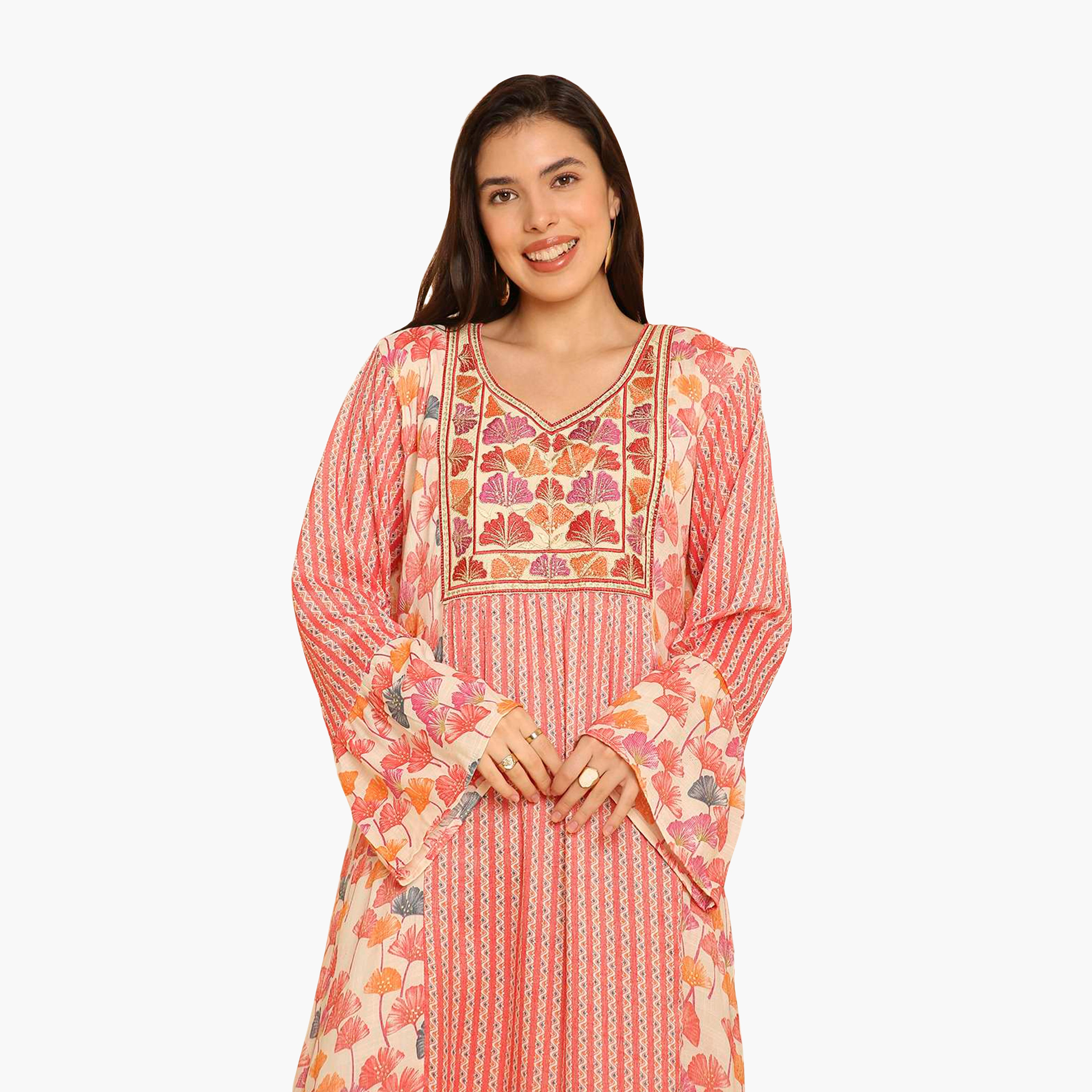 HanaandSara Multicolour Floral Print Embroidered Yoke Bell Sleeves Women's Jalabiya-women-arabicclothing-jalabiyas-image-2
