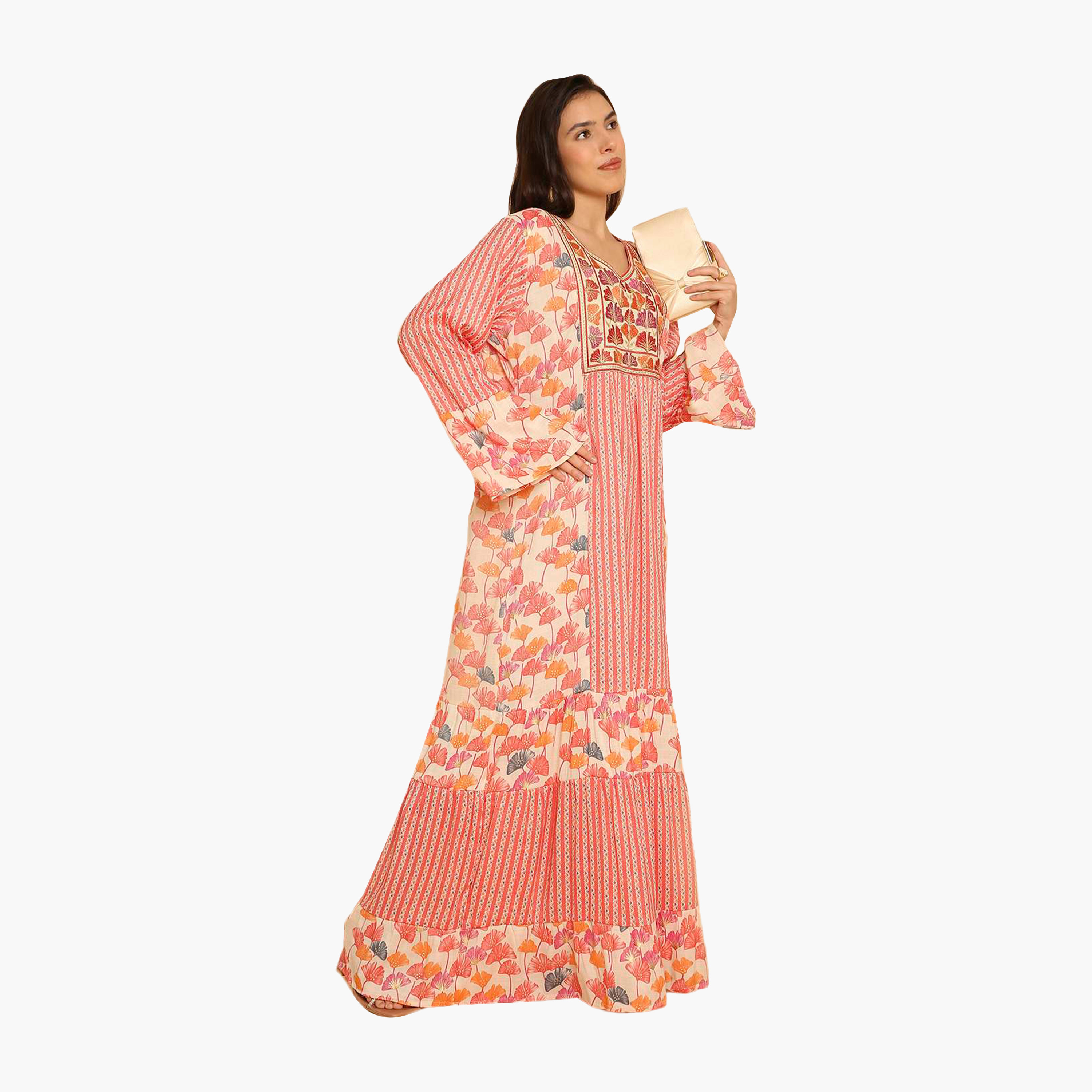 HanaandSara Multicolour Floral Print Embroidered Yoke Bell Sleeves Women's Jalabiya-women-arabicclothing-jalabiyas-image-3