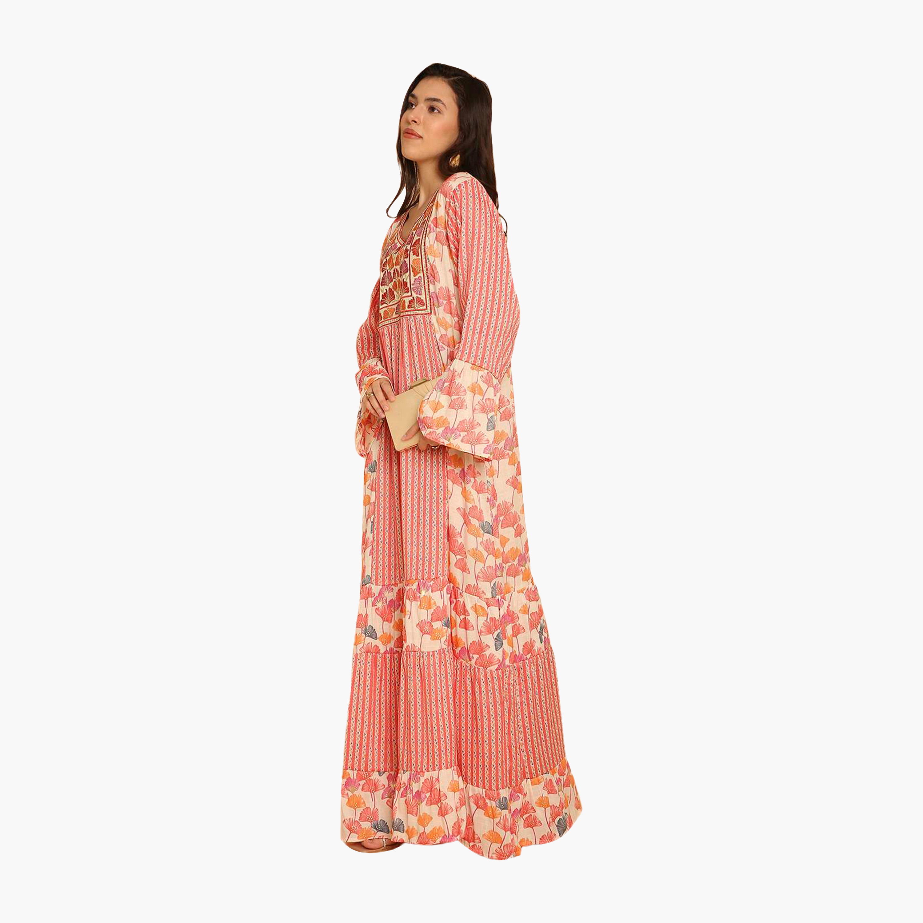 HanaandSara Multicolour Floral Print Embroidered Yoke Bell Sleeves Women's Jalabiya-women-arabicclothing-jalabiyas-image-4