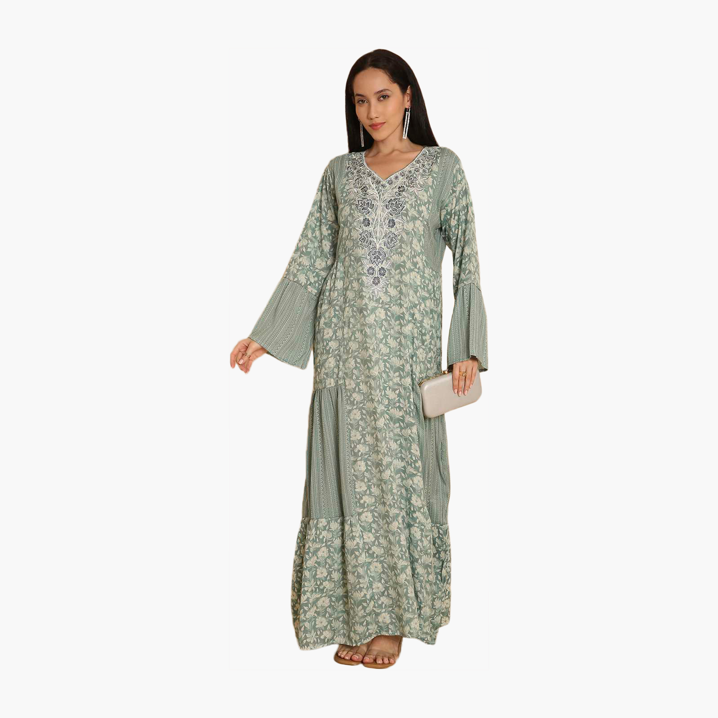 جلابية نسائية زرقاء بأكمام جرس ومطبوعة ومطرزة من هانا اند سارة-women-arabicclothing-jalabiyas-image-1