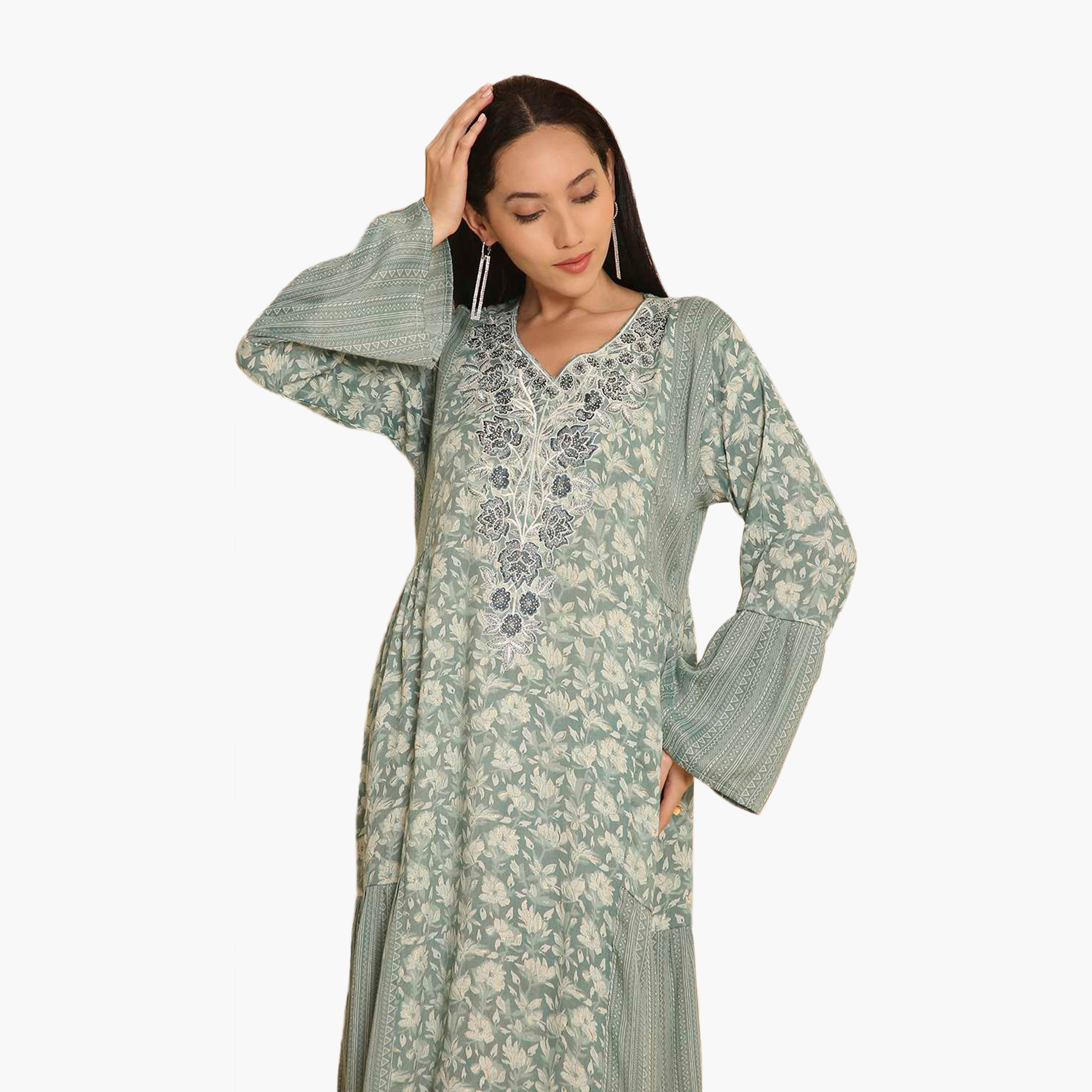 جلابية نسائية زرقاء بأكمام جرس ومطبوعة ومطرزة من هانا اند سارة-women-arabicclothing-jalabiyas-image-2