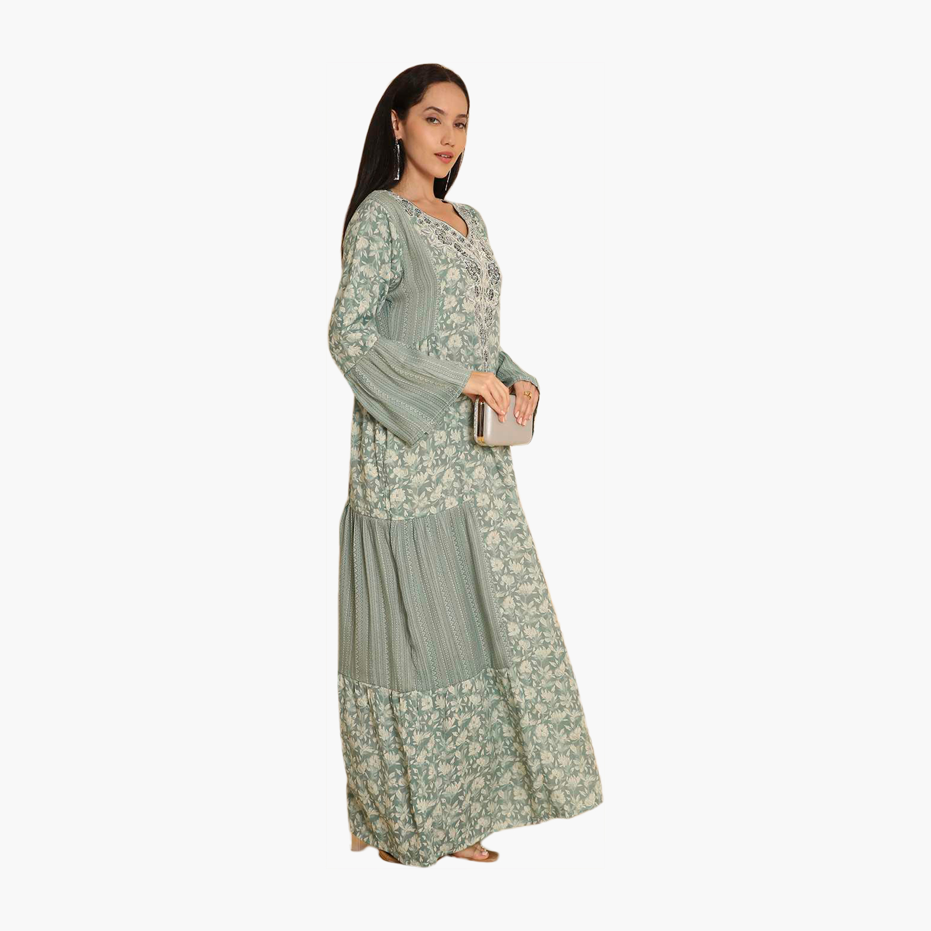 جلابية نسائية زرقاء بأكمام جرس ومطبوعة ومطرزة من هانا اند سارة-women-arabicclothing-jalabiyas-image-3