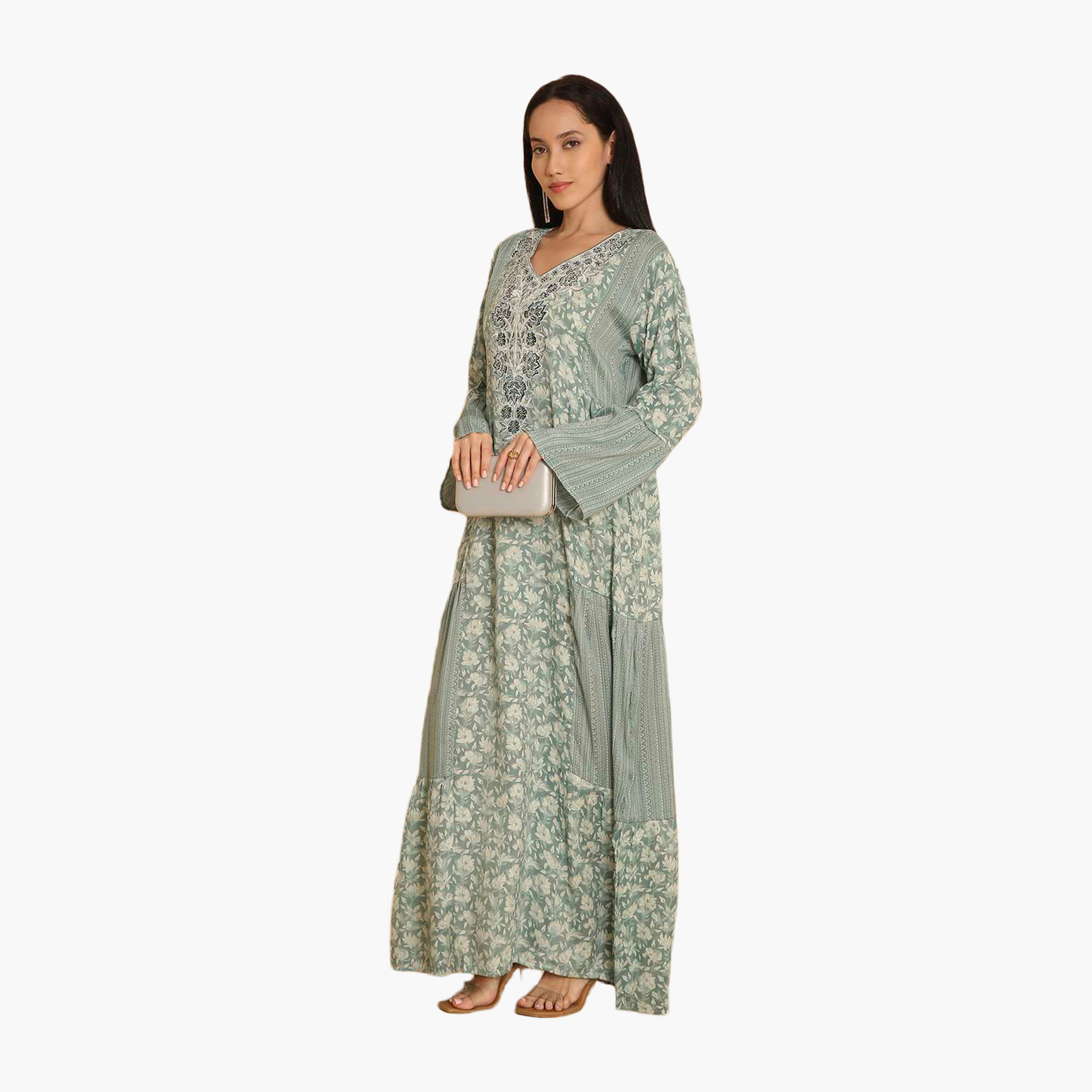 جلابية نسائية زرقاء بأكمام جرس ومطبوعة ومطرزة من هانا اند سارة-women-arabicclothing-jalabiyas-image-4