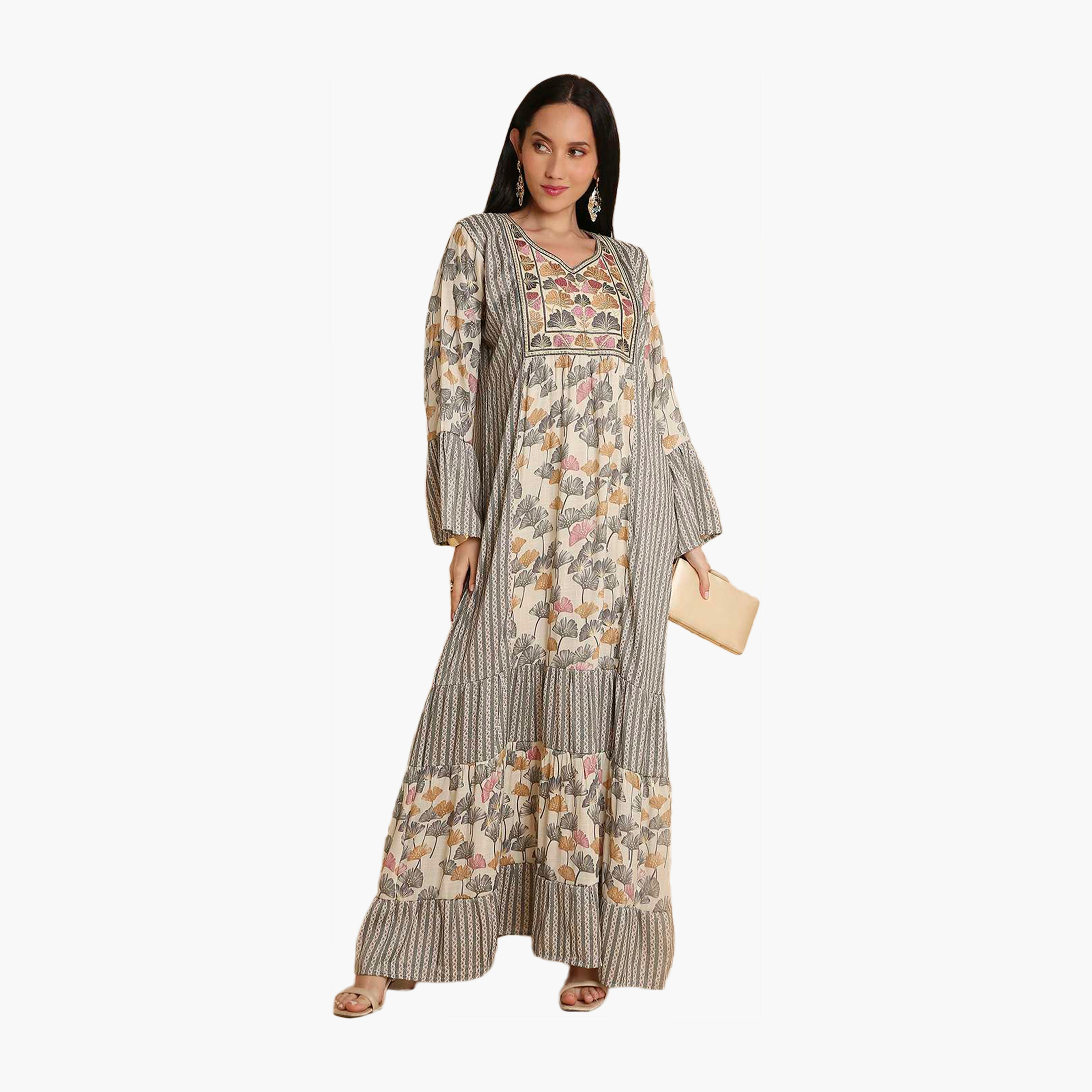 HanaandSara Multicolour Bell Sleeves Printed and Embroidered Yoke Women's Tiered Jalabiya-women-arabicclothing-jalabiyas-image-1