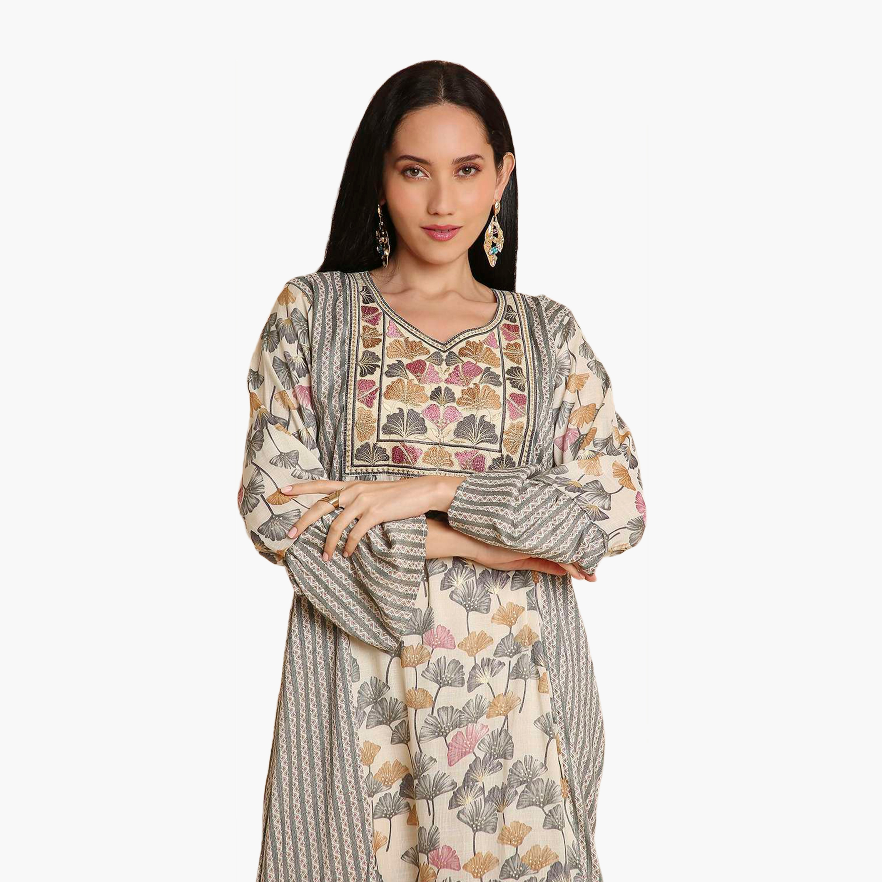 HanaandSara Multicolour Bell Sleeves Printed and Embroidered Yoke Women's Tiered Jalabiya-women-arabicclothing-jalabiyas-image-2