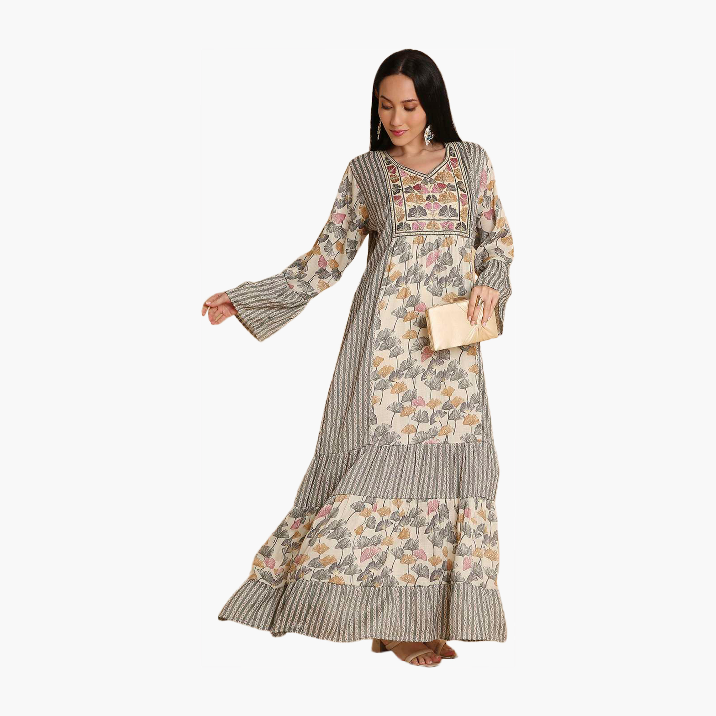 جلابية نسائية متعددة الطبقات بأكمام جرس مطبوعة ومطرزة من هانا اند سارة-women-arabicclothing-jalabiyas-image-3