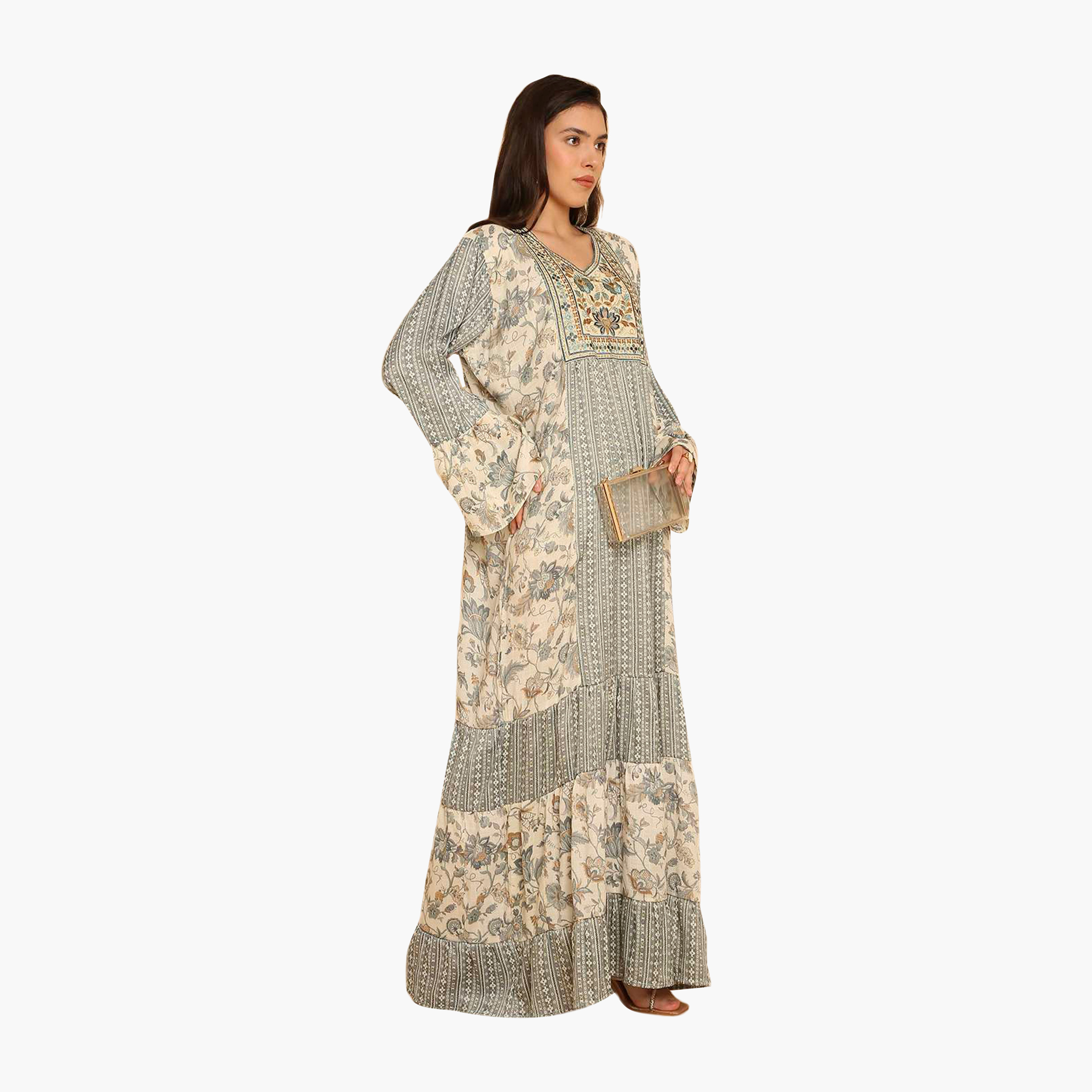 HanaandSara Green Geometric Print Embroidered Yoke Bell Sleeves Women's Jalabiya-women-arabicclothing-jalabiyas-image-3