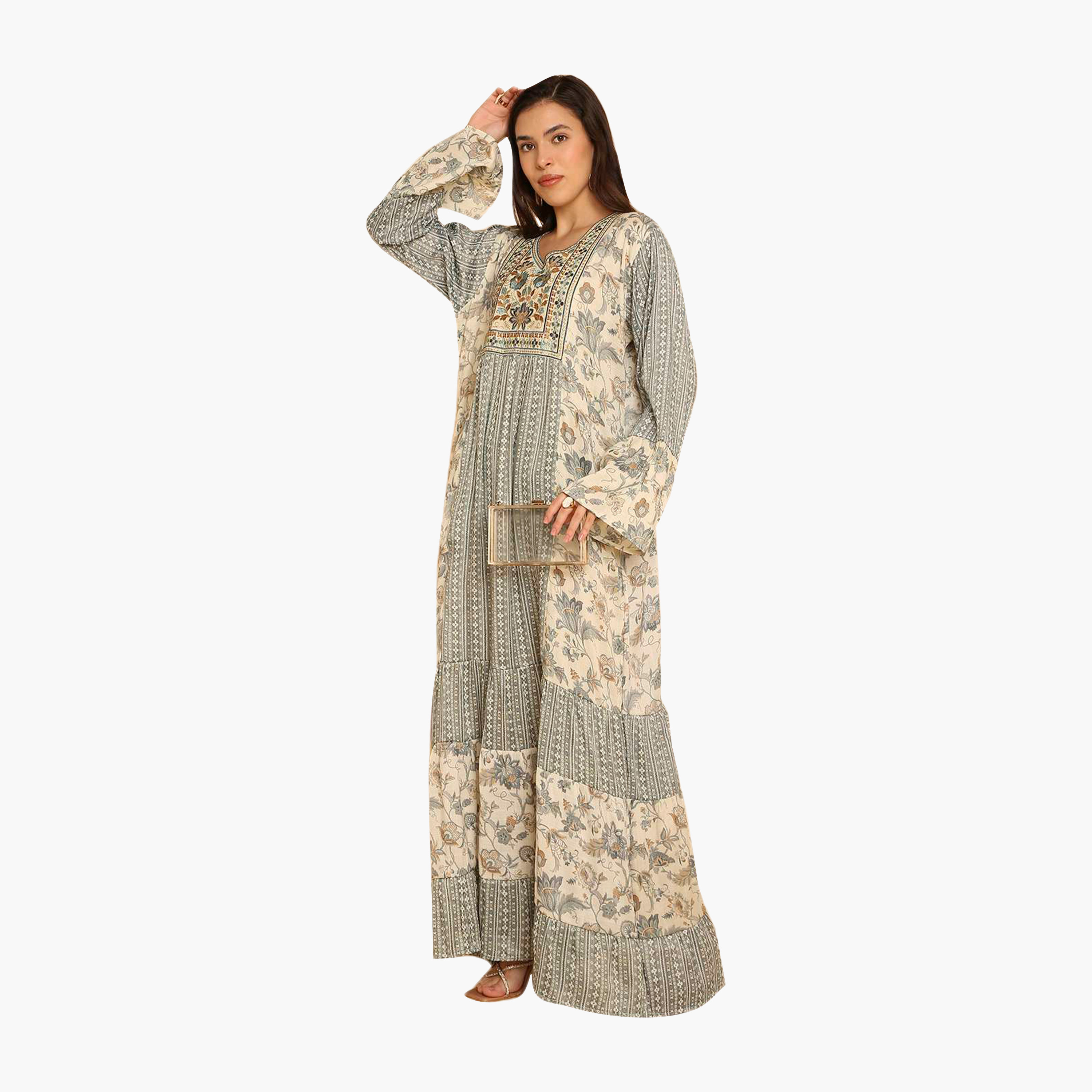 HanaandSara Green Geometric Print Embroidered Yoke Bell Sleeves Women's Jalabiya-women-arabicclothing-jalabiyas-image-4