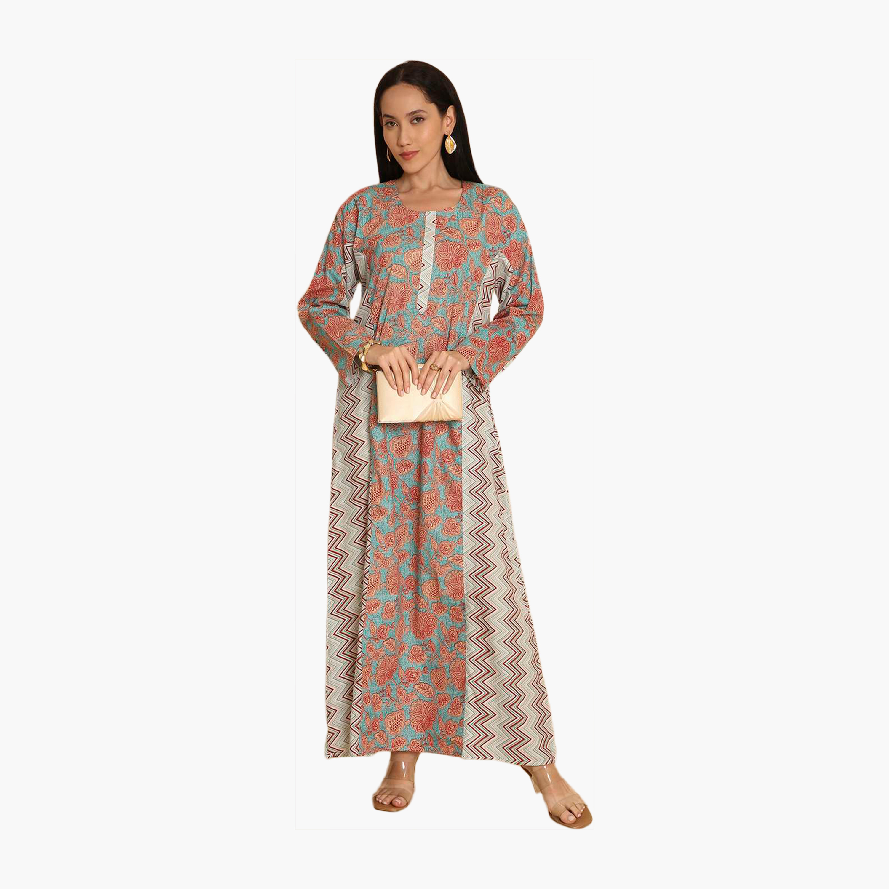 HanaandSara Floral and Zig Zag Printed Women's Jalabiya-women-arabicclothing-jalabiyas-image-1
