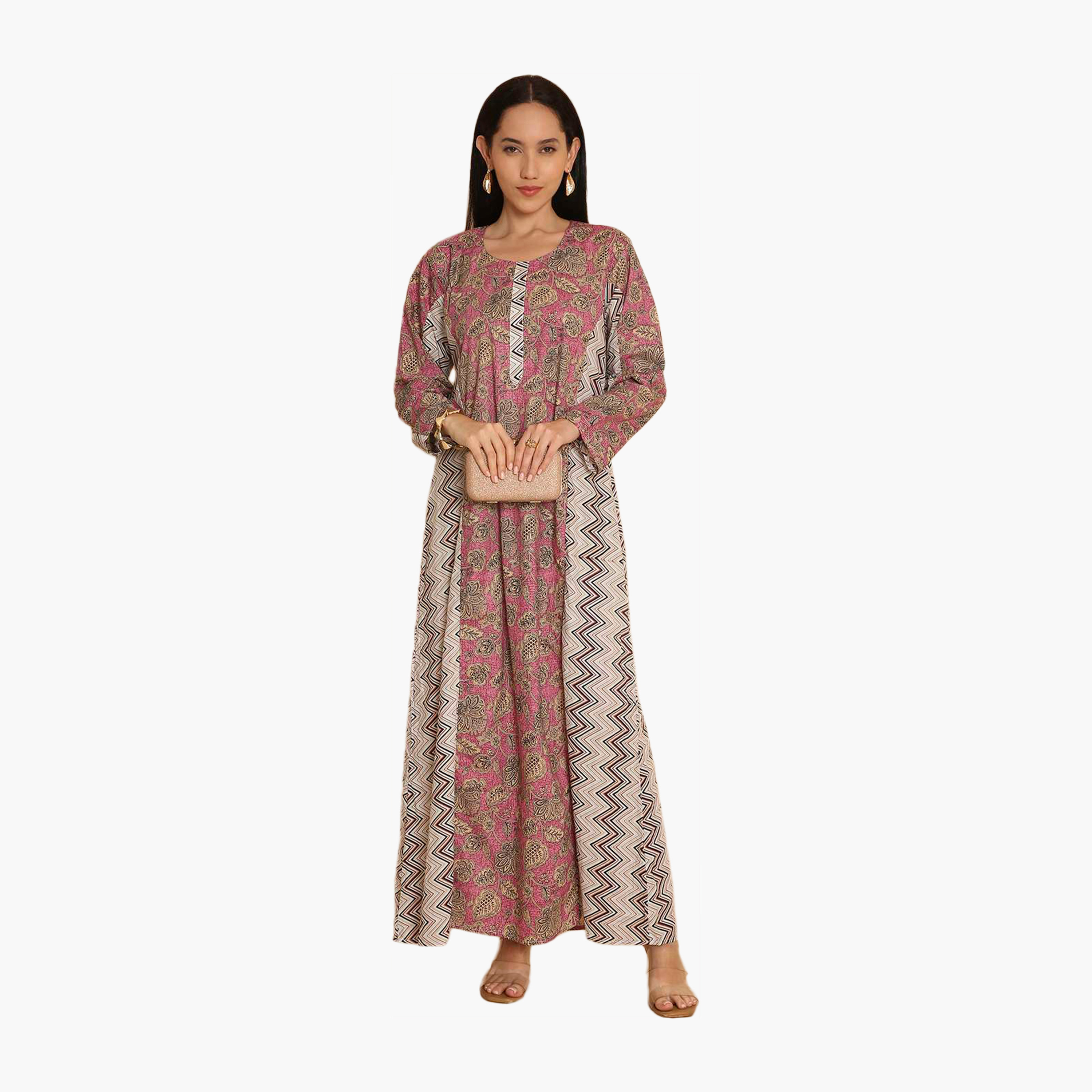 HanaandSara Floral and Zig Zag Printed Women's Jalabiya-women-arabicclothing-jalabiyas-image-1