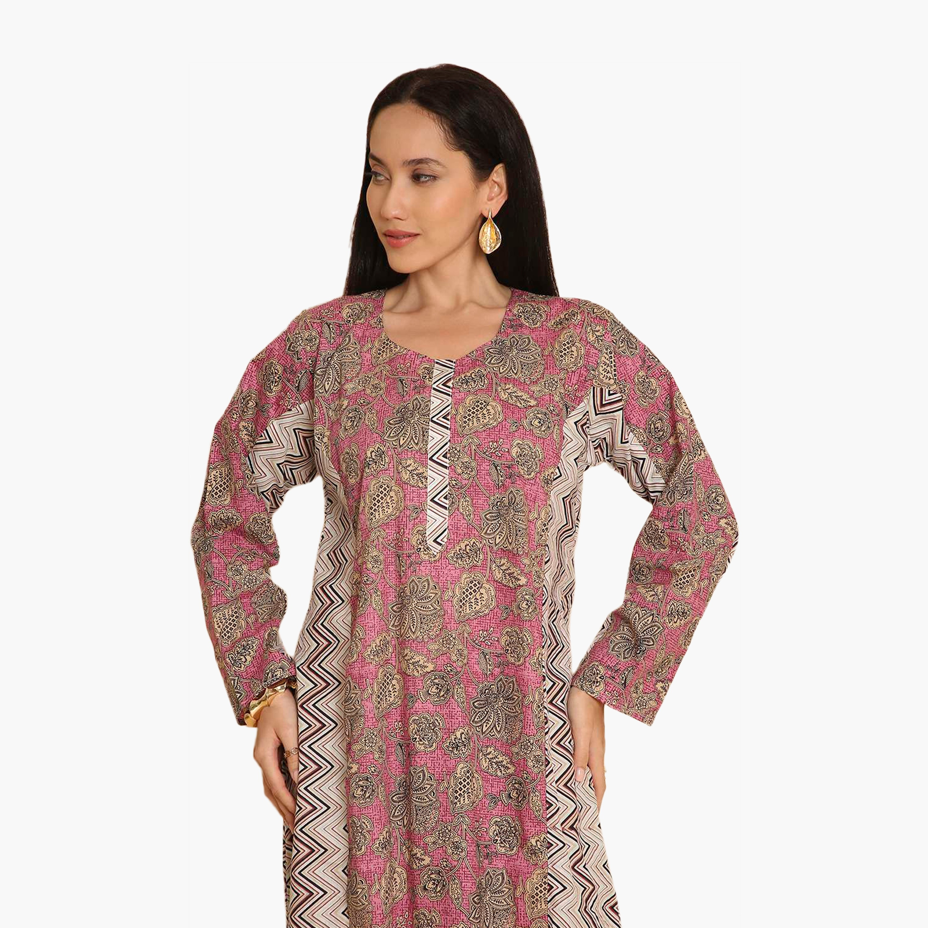 HanaandSara Floral and Zig Zag Printed Women's Jalabiya-women-arabicclothing-jalabiyas-image-2
