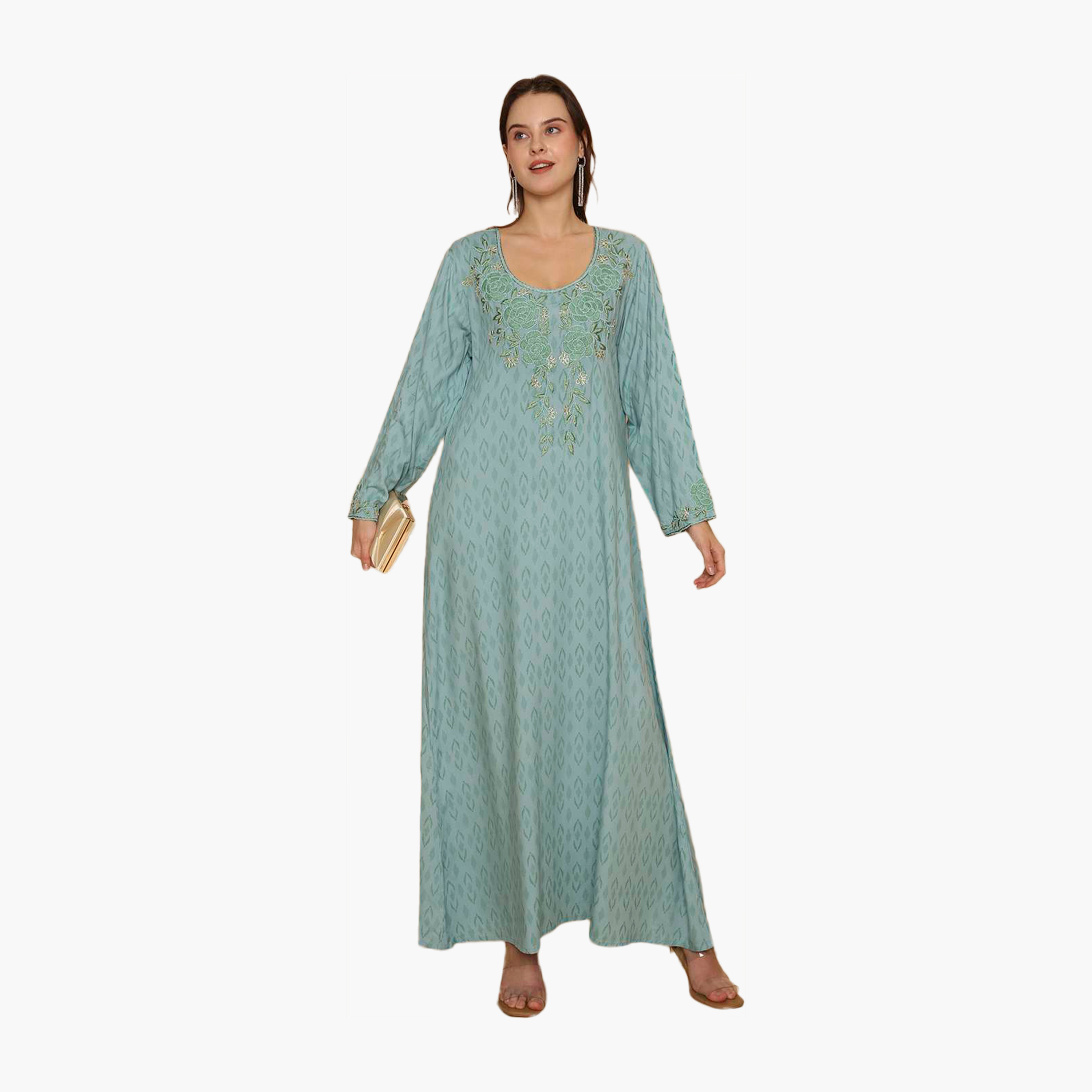 HanaandSara All Over Subtle Printed and Floral Embroidered Women's Jalabiya-women-clothing-dresses-image-1