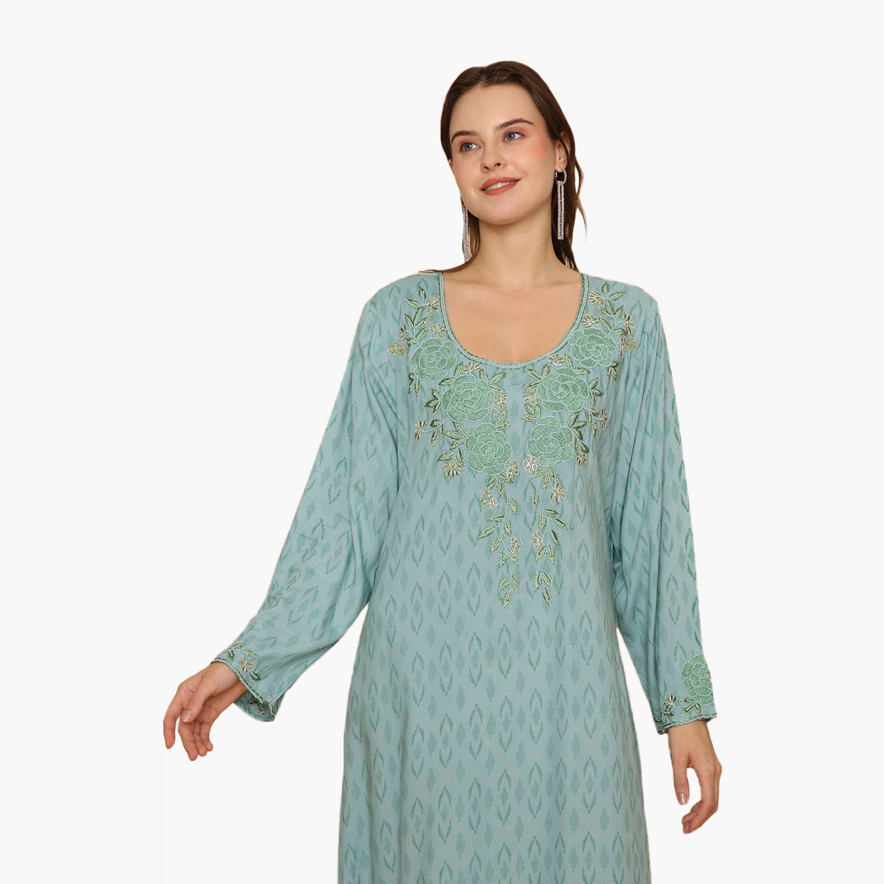 HanaandSara All Over Subtle Printed and Floral Embroidered Women's Jalabiya-women-clothing-dresses-image-2