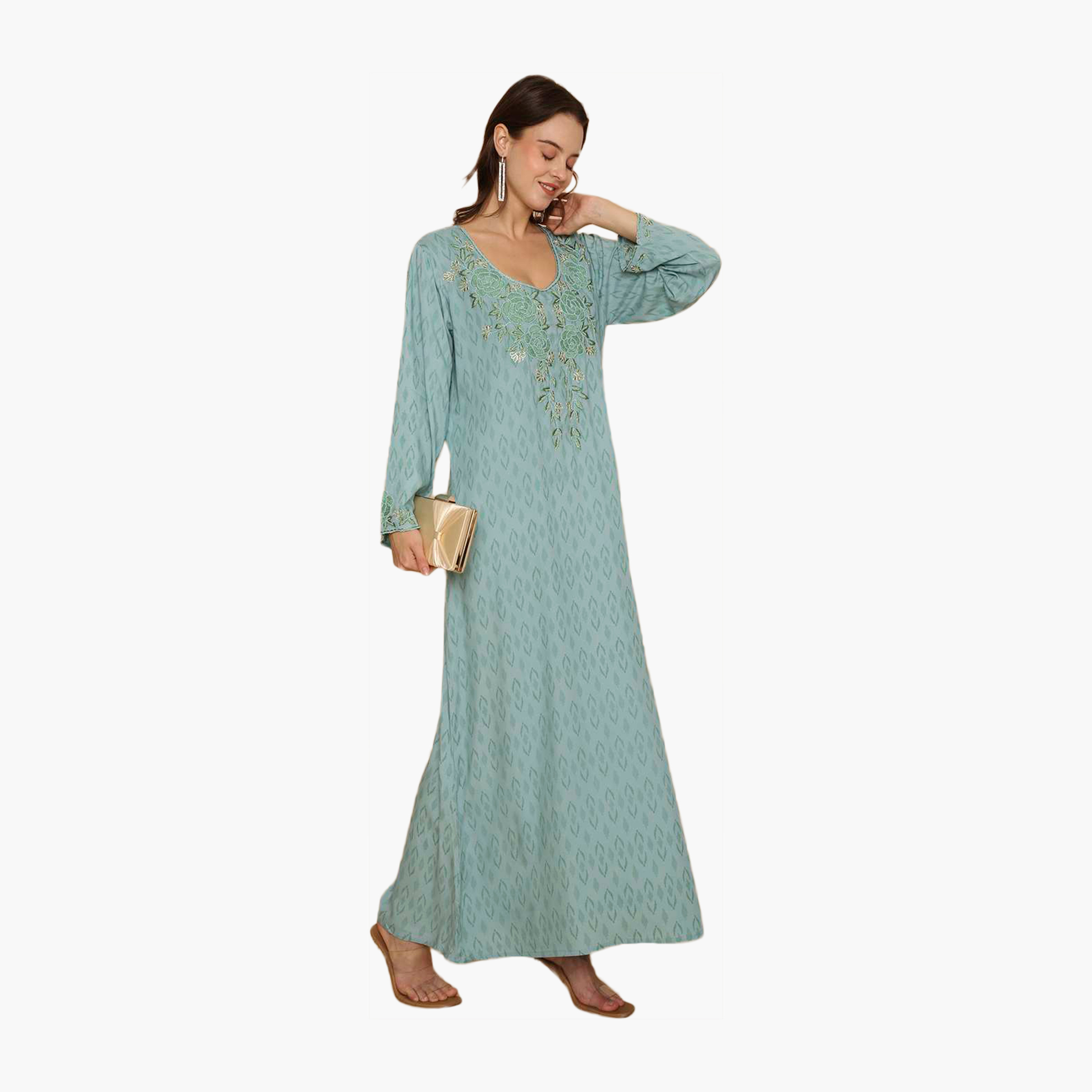 HanaandSara All Over Subtle Printed and Floral Embroidered Women's Jalabiya-women-clothing-dresses-image-3