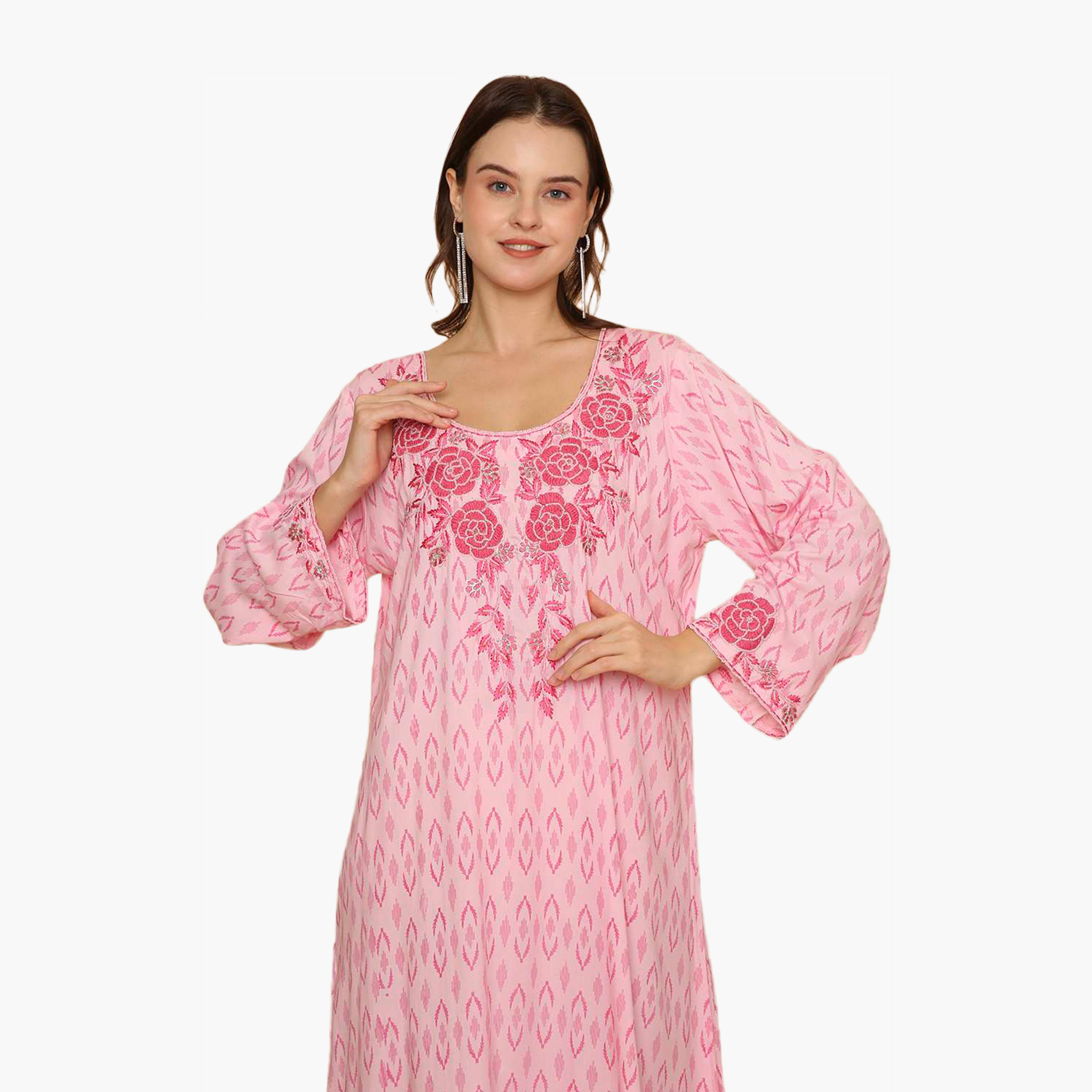 HanaandSara All Over Subtle Printed and Floral Embroidered Women's Jalabiya-women-clothing-dresses-image-12