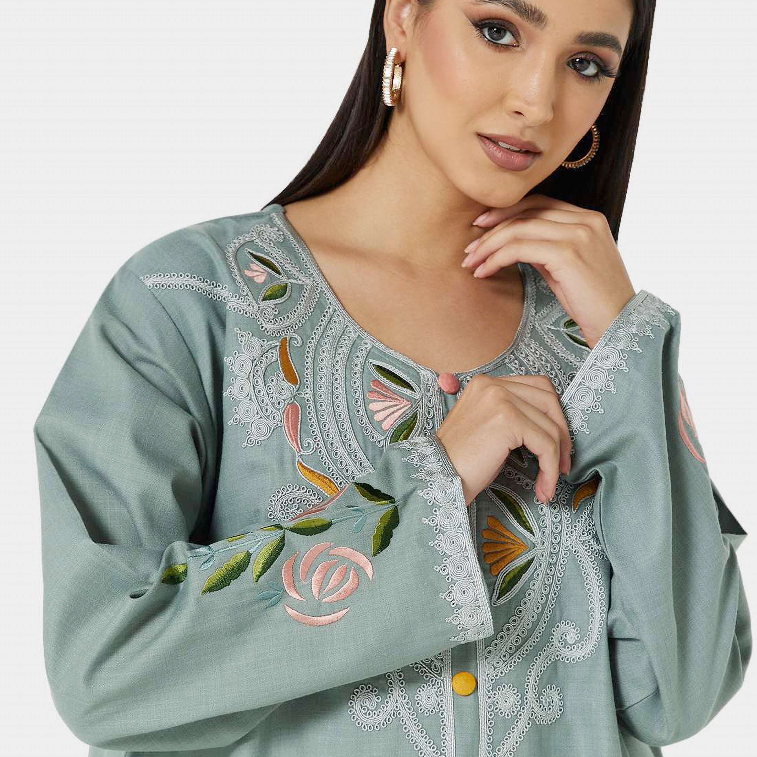 Hana & Sara Grey Embroidered Women's Jalabiya-women-arabicclothing-jalabiyas-image-2